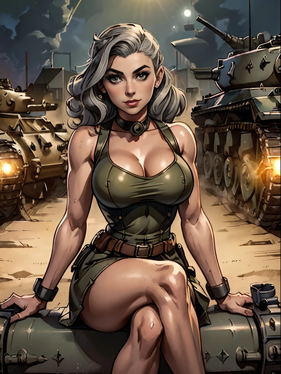 (masterpiece, top quality, best quality, official art, beautiful and aesthetic:1.2), (1girl:1.3), (gray hair victory curls), vintage 1940's American hairstyle, extremely detailed, portrait, looking at viewer, solo, (full body:0.6), detailed background, close up, vintage makeup, retro style, (warm summer military base theme:1.1), pinup girl, elegant face, long face, charlatan, smirk, mysterious, posing on top of a tank, ((riding the gun, barrel of the tank between her legs)), (((sitting on top of the gun barrel))), (((straddling the barrel of the tank))), patriotic costume, high heels, legs, M4 Sherman tank, WWII tank, armored version vehicle,, (((( medium, breast )))), toned, slim waist, slim hips, long legs, muscular legs, historical (WW2 army base exterior:1.1) background, dark mysterious lighting, shadows, magical atmosphere, dutch angle