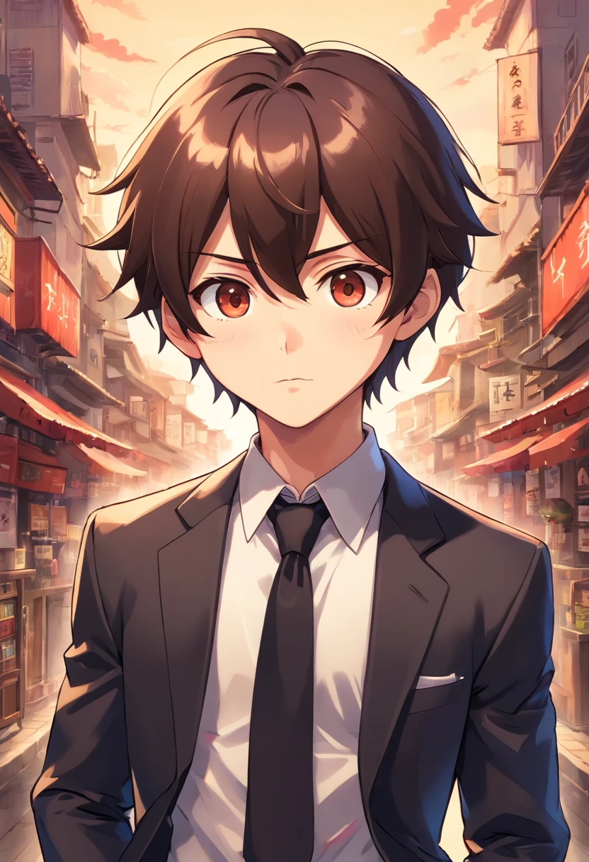 Chibi style, 1boy, dark brown hair, reddish eyes, black suit with a tie, black suit pants, profundidade de campo, master part, best quality, 1 menino, cabelos pretos, olhos vermelhos, Terno Preto.