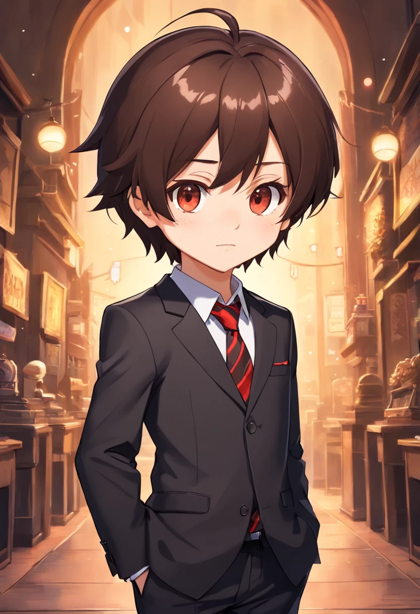 Chibi style, 1boy, dark brown hair, reddish eyes, black suit with a tie, black suit pants, profundidade de campo, master part, best quality, 1 menino, cabelos pretos, olhos vermelhos, Terno Preto.