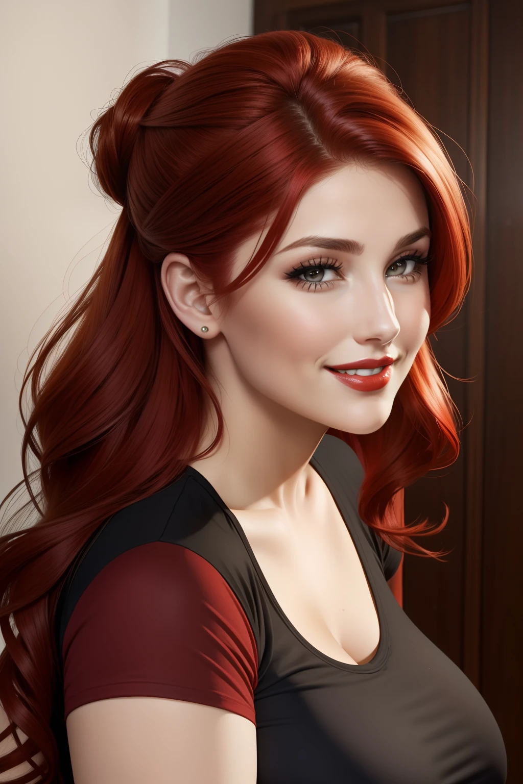 lucy pinder, face portrait, smiling, red hair, red lipstick, beautiful lips, bride