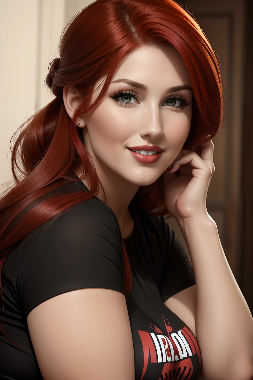 lucy pinder, face portrait, face, smiling, red hair, chignon, red lipstick, black t.shirt, very chubby woman.