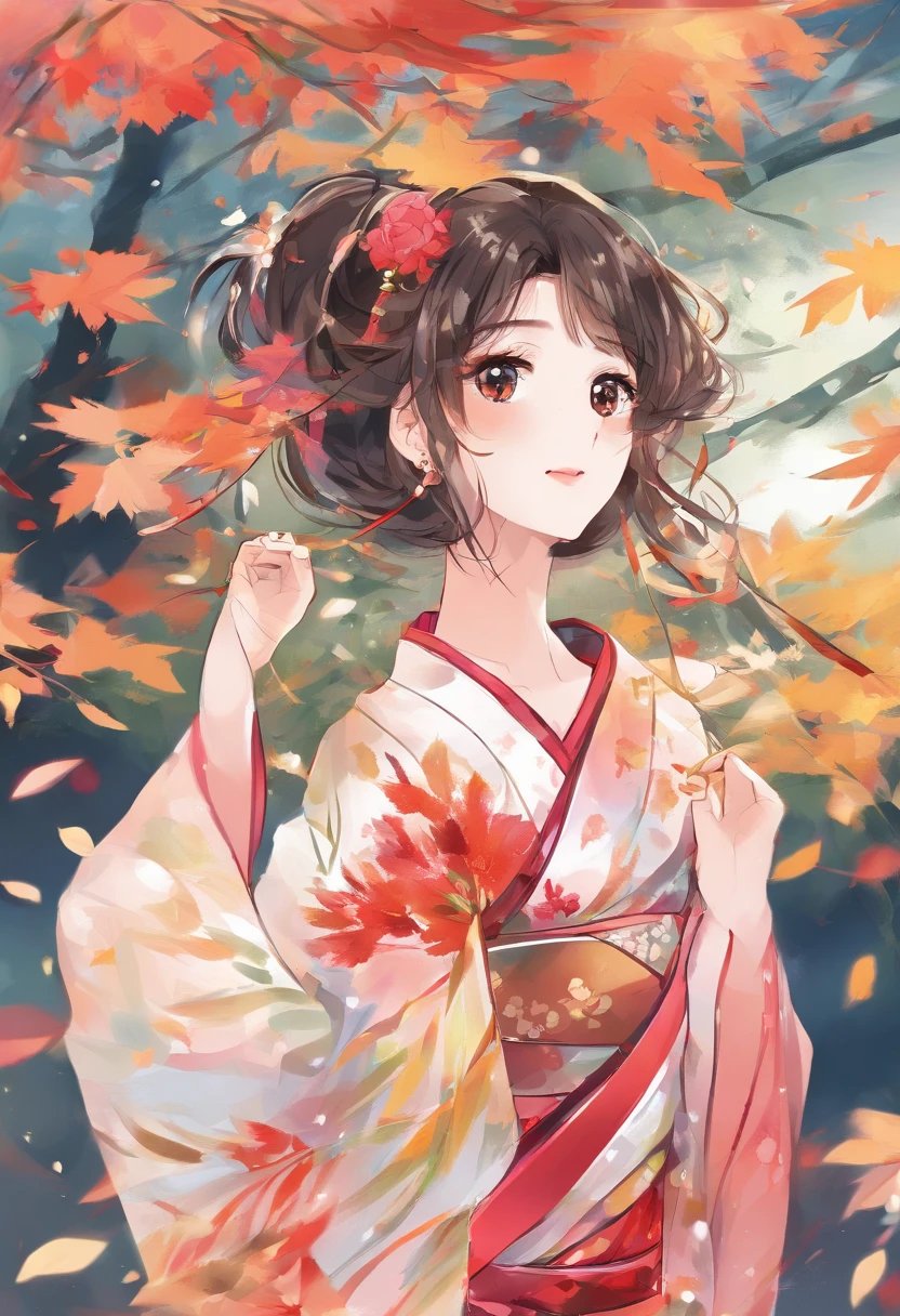 ((1girl in:), beauitful face, (Lifelike face), (A dark-haired, short-hair:1.3), Beautiful hairstyle, 二重まぶた、 Beautiful skins, Garden with beautiful autumn leaves Autumn leaves red yellow autumn leaf pattern kimono(​masterpiece)、(ultra-detailliert)、Best Illustration、detaile、(watercolor paiting:1.4)、(handdraw:1.2)、(Watercolor brush hair)、colorwater