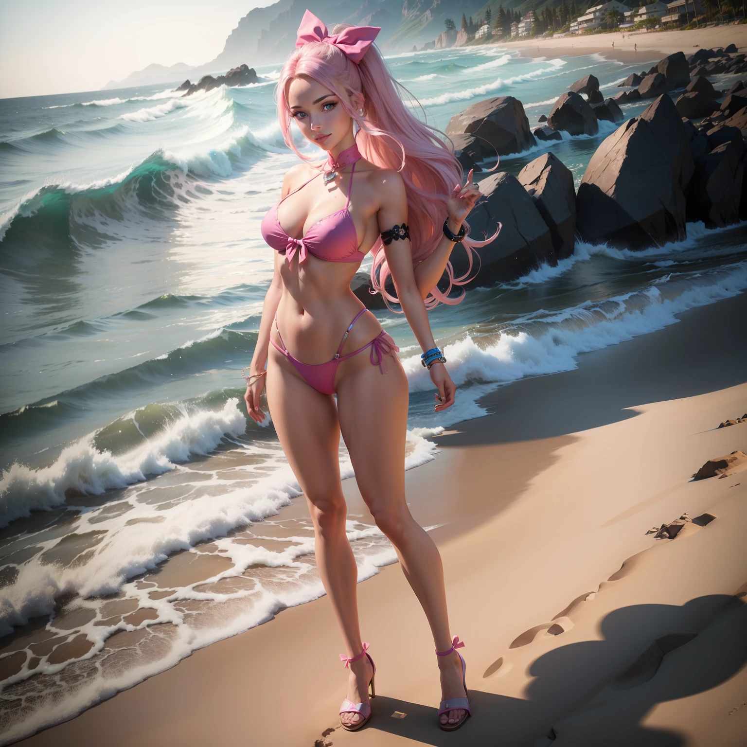 One Barbie, ((Full body)),8th class, Blue eyes, Smiling face, Hair loss swaying in the wind, Hip Hop Singer Pose, Dressed in hip-hop style,PINK Bikini,swarovski,pasties,With a pink bow on the arm, Fashion, Extremely high quality, high details, 8K, clean back ground, in studio, ((Full body shot)),Align your fingers neatly,Accurate Hand Modeling,wave her hand,Street of West Coast Beach