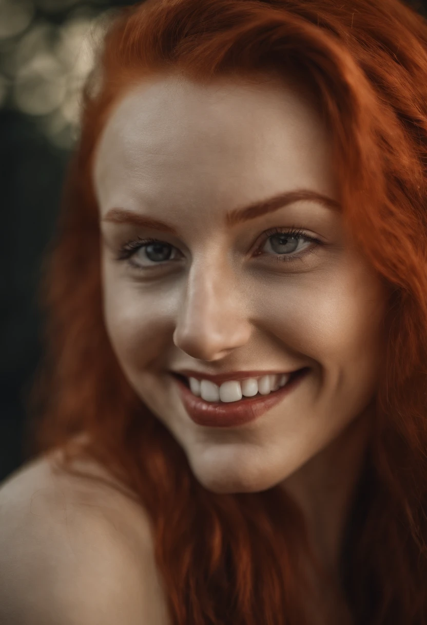 woman with red hair showing her anus while sticking out her tongue, squinting, ultra realistic photo