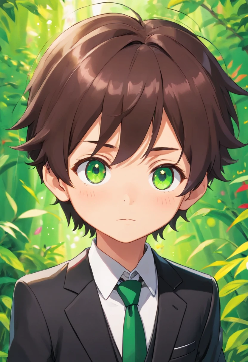up close portrait, Chibi style, 1boy, dark brown hair, reddish eyes, black suit with a tie, black suit pants, colorful green life background, profundidade de campo, master part, best quality, 1 , cabelos pretos, olhos vermelhos, Terno Preto.