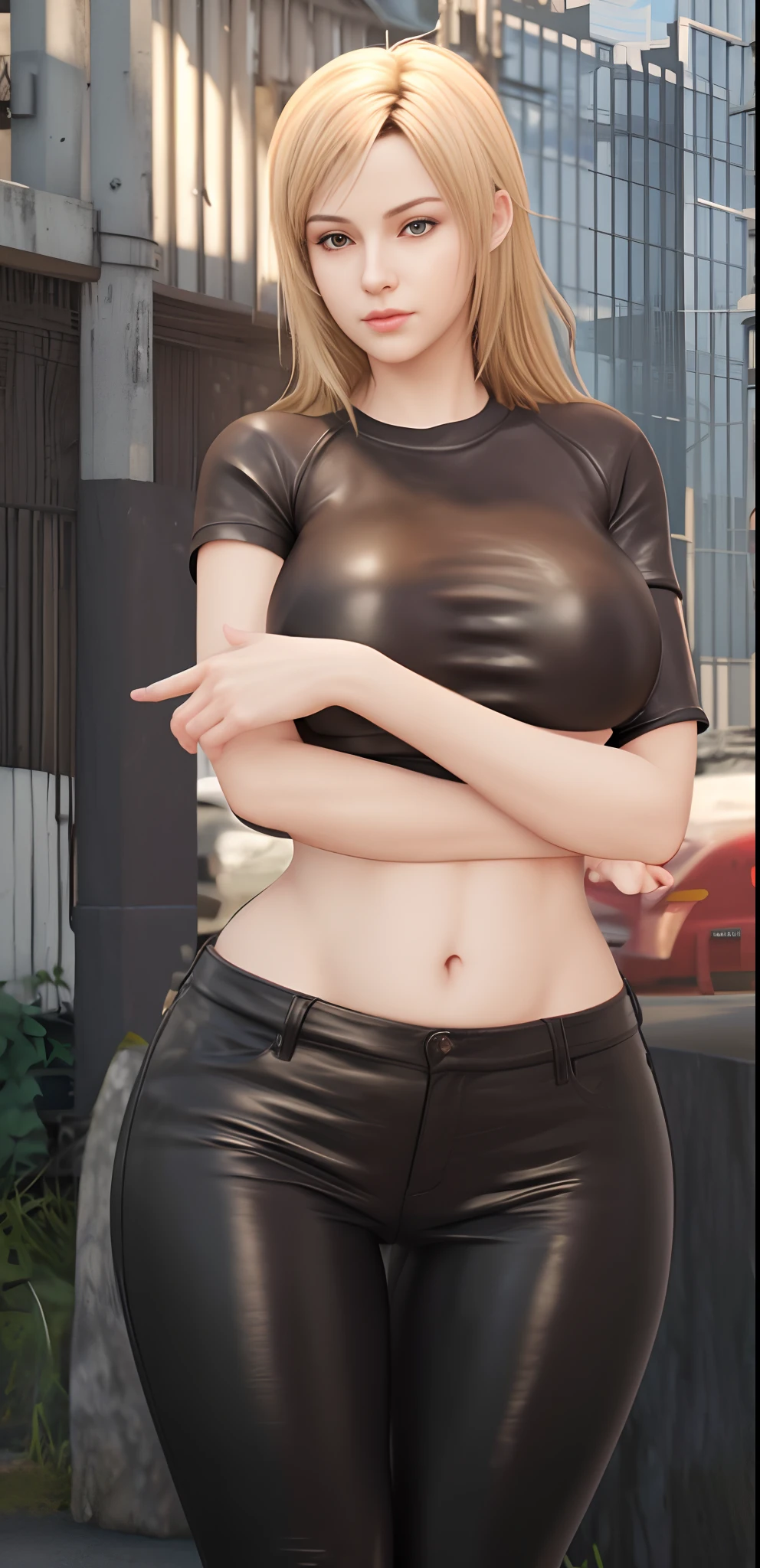 realistic girl in black leather pants posing for a picture, thicc, oppai, realistic shaded perfect body, (sfw) safe for work, large breasts, tifa lockhart, she has a jiggly fat round belly, biomechanical oppai, thicc build, oppai cyberpunk, tifa, [ 4 k digital art ], ((top quality, 8k, masterpiece: 1.3)), 1 girl, (8k, RAW photo, best quality, masterpiece:1.2), (realistic, photo-realistic:1.37),