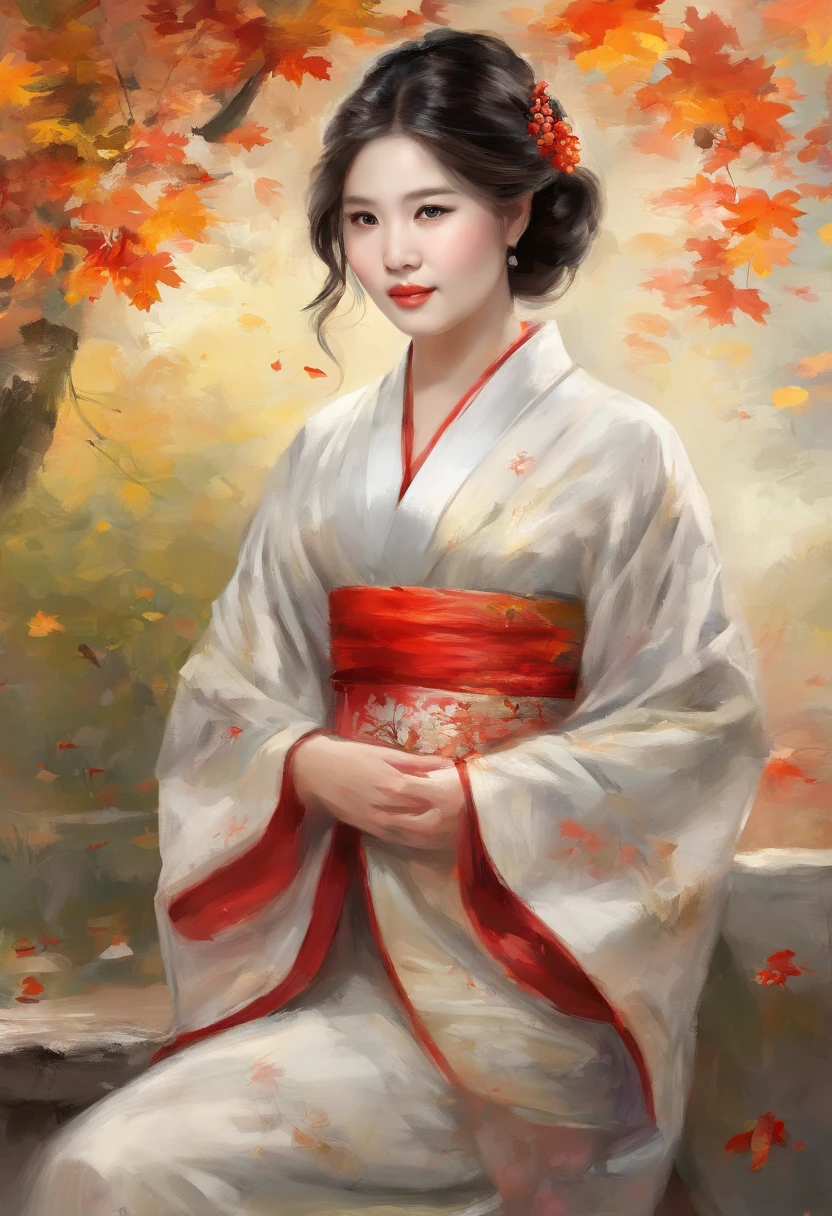 ((1girl in:), beauitful face, (Lifelike face), (A dark-haired, short-hair:1.3), Beautiful hairstyle, 二重まぶた、 Beautiful skins, Garden with beautiful autumn leaves Autumn leaves red yellow autumn leaf pattern kimono(​masterpiece)、(ultra-detailliert)、Best Illustration、detaile、(watercolor paiting:1.4)、(handdraw:1.2)、(Watercolor brush hair)、colorwater