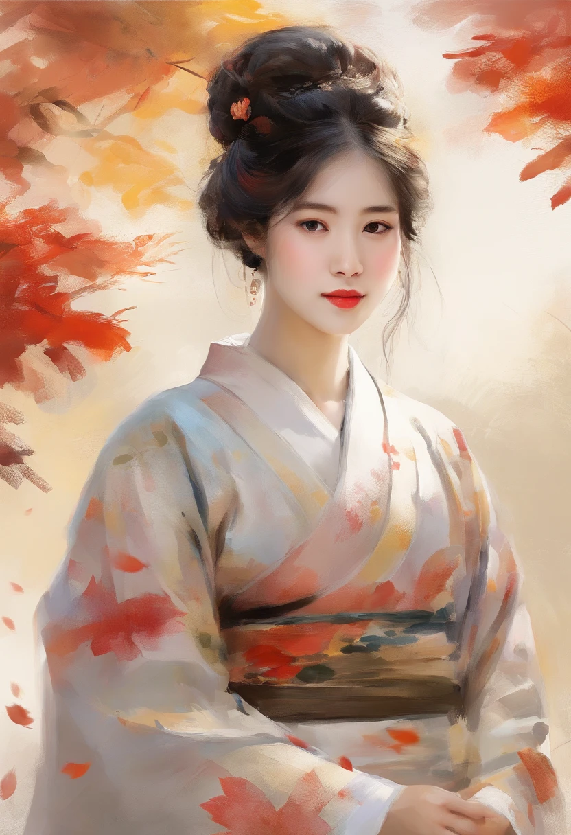 ((1girl in:), beauitful face, (Lifelike face), (A dark-haired, short-hair:1.3), Beautiful hairstyle, 二重まぶた、 Beautiful skins, Garden with beautiful autumn leaves Autumn leaves red yellow autumn leaf pattern kimono(​masterpiece)、(ultra-detailliert)、Best Illustration、detaile、(watercolor paiting:1.4)、(handdraw:1.2)、(Watercolor brush hair)、colorwater