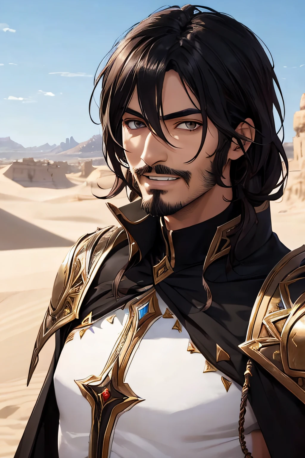 ((ArtStation)), ((Realistic face)), masterpiece, best quality, arab 1man, adult, masculine, male focus, arabian, dark skin, mature, 30 year old, beard Unshaven, solo, black hair, smile, smirk, arrogant, ENTP man, long lenght hair, vibrant dark eyes, looking at viewer, black cape, High quality metal texture, open mouth, sharp tooths, bangs, high collar,(kbxll:0.6), Fantasy aesthetics, Highly detailed, shadowverse style, arabian aesthetic, desert, Akshan (League of Legends)