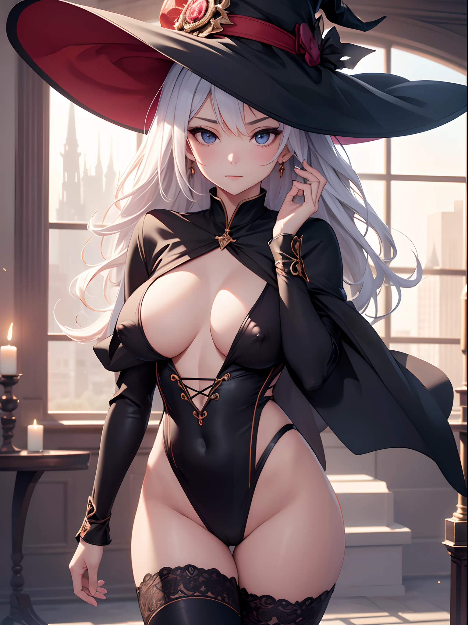 highres, shadows, absurdres, best_quality, ultra_detailed, 8k, extremely_clear, photograph, beautiful, beautiful face, sharp focus, hdr, 1girl, clean eyes, wide-eyed, background (magic academya) or planets, no bottom, , witch hat, burning everywere,cum on body, beautiful face, small puffy breasts (puffy nipple), firm breast, very red areola, standing , seductive pose,no bra