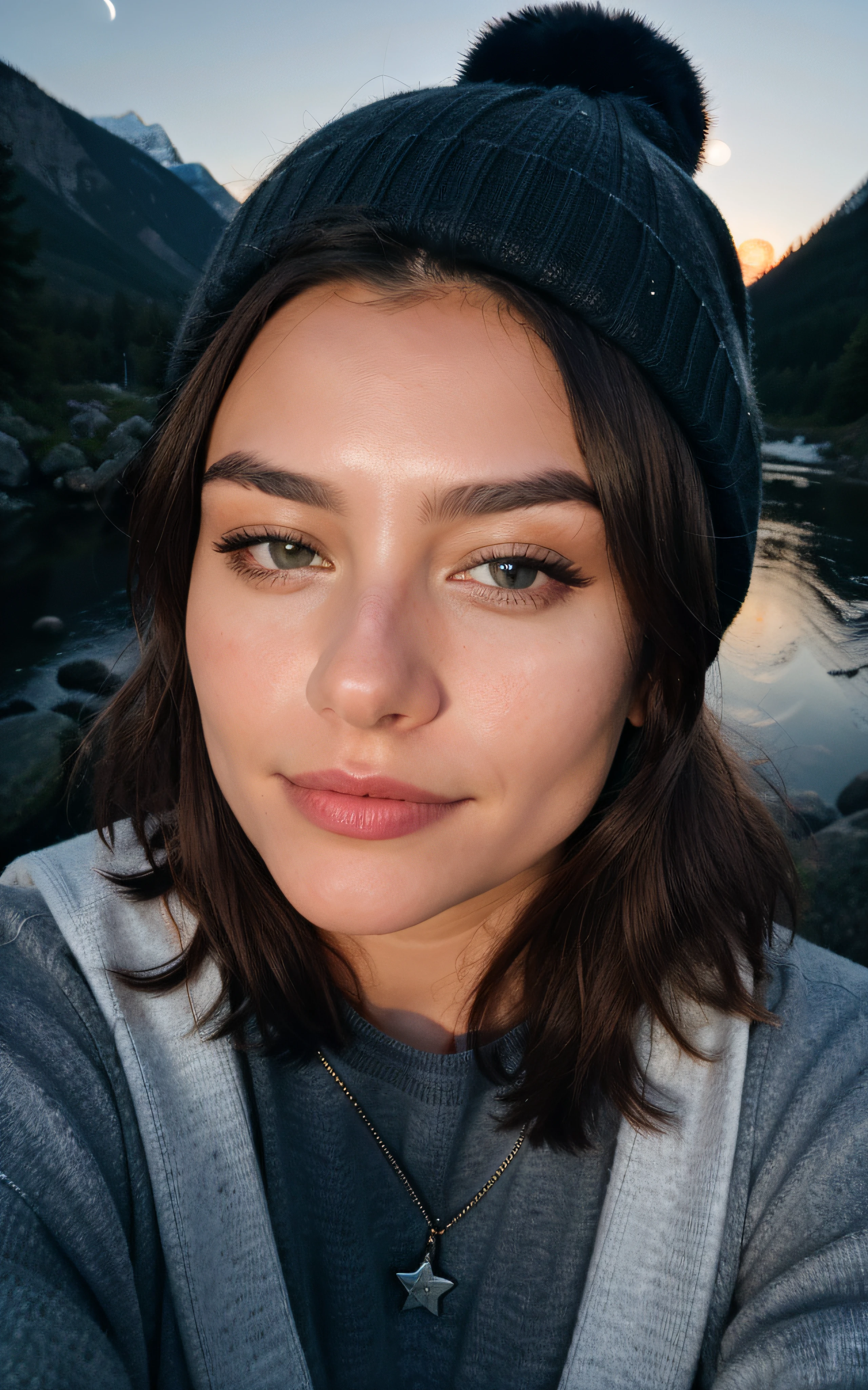 photorealistic, best quality, hyper detailed, beautiful woman, selfie photo, upper body, solo, wearing pullover, outdoors, (night), mountains, real life nature, stars, moon, (cheerful, happy), sleeping bag, gloves, sweater, beanie, flashlight, forest, rocks, river, wood, smoke, fog, clear sky, analog style, looking at viewer, skin texture, film grain, close up, ultra high res, best shadow, RAW, instagram LUT