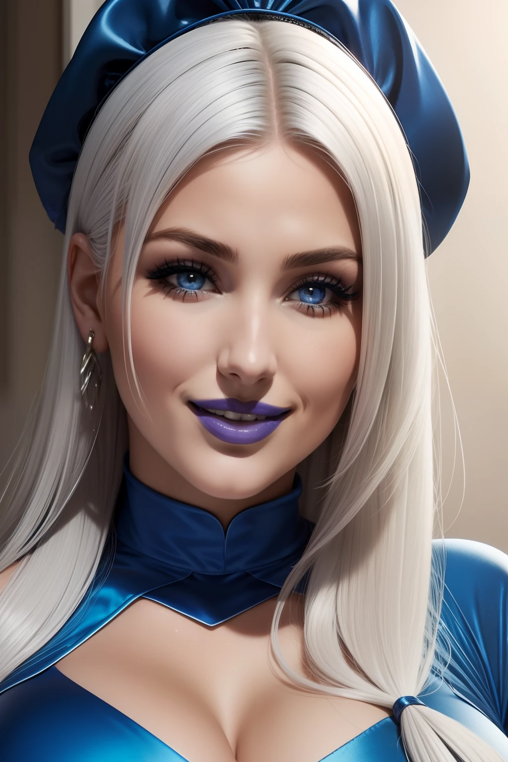 lucy pinder, face portrait,face, smiling, platinum hair, blue lipstick, sexy dress, very chubby woman