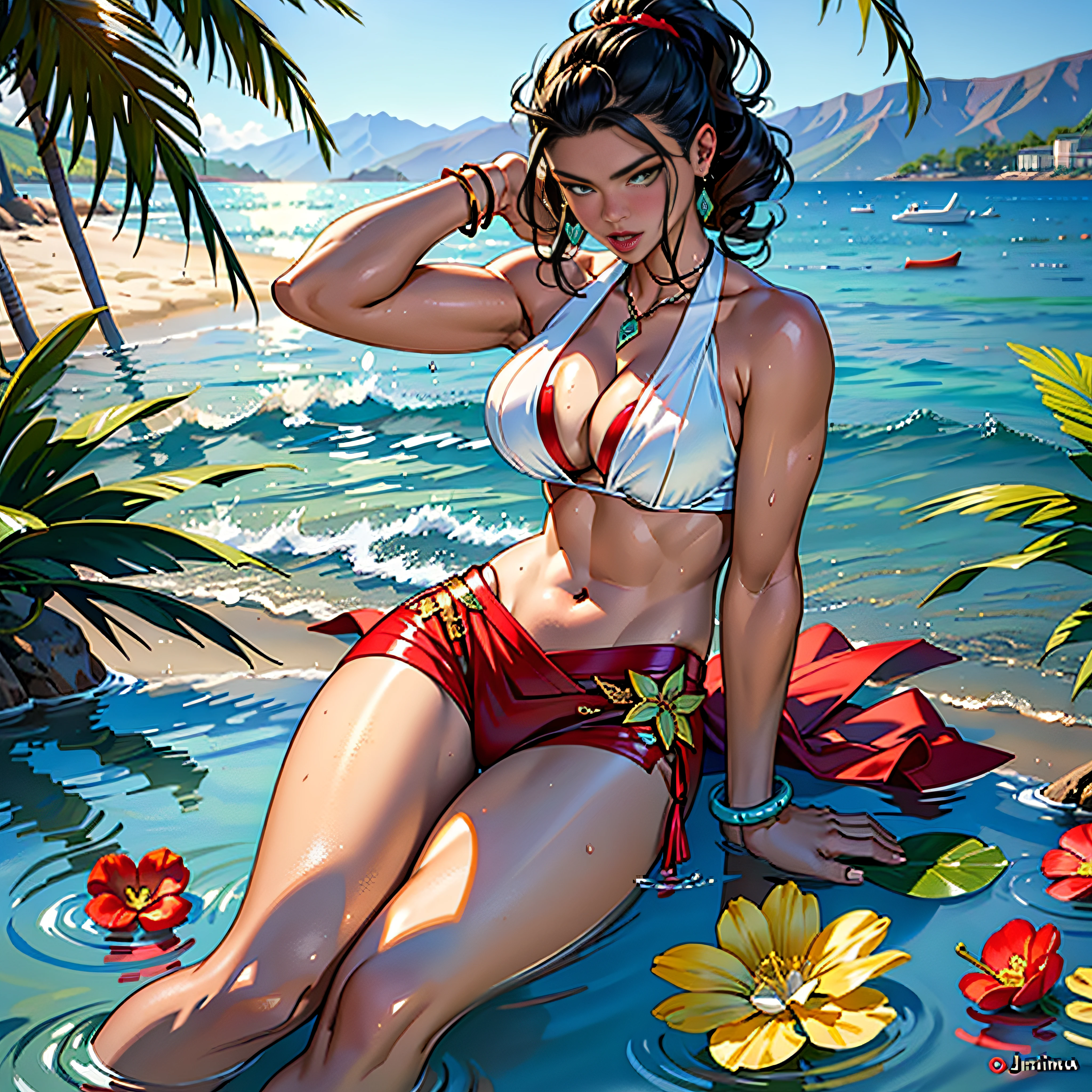 Hawaii Lahaina burning fire in the back (Adriana Lima :1.1) red lips, green eyes,, 1 girl painting from the water view, style by Jaime Frias, Best quality, realistic, award-winning illustration in color, (complicated detail: 1.2), (fine detail)