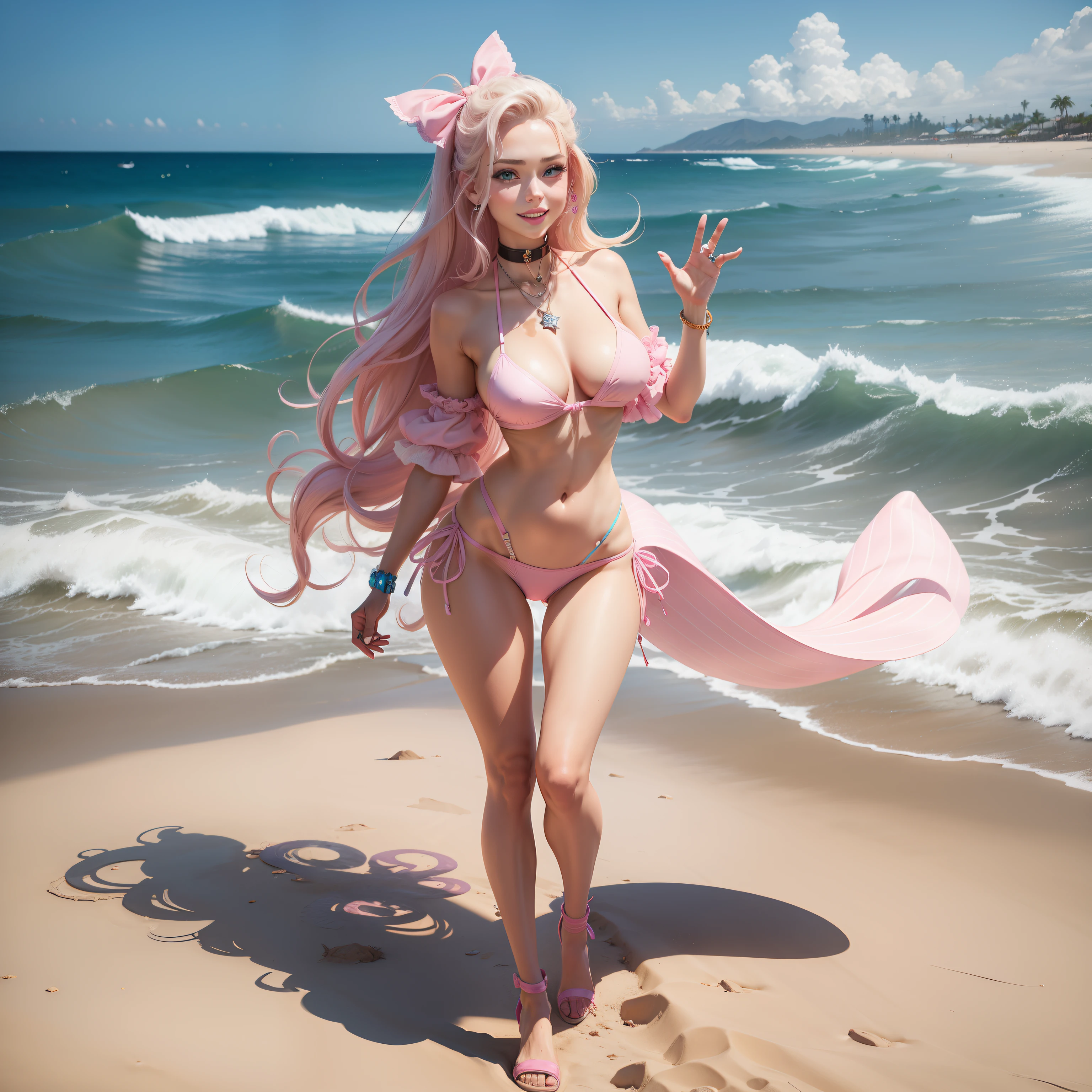 One Barbie, ((Full body)),8th class, Blue eyes, Smiling face, Hair loss swaying in the wind, Hip Hop Singer Pose, Dressed in hip-hop style,PINK Bikini,swarovski,pasties,With a pink bow on the arm, Fashion, Extremely high quality, high details, 8K, clean back ground, in studio, ((Full body shot)),Align your fingers neatly,Accurate Hand Modeling,wave her hand,Street of West Coast Beach