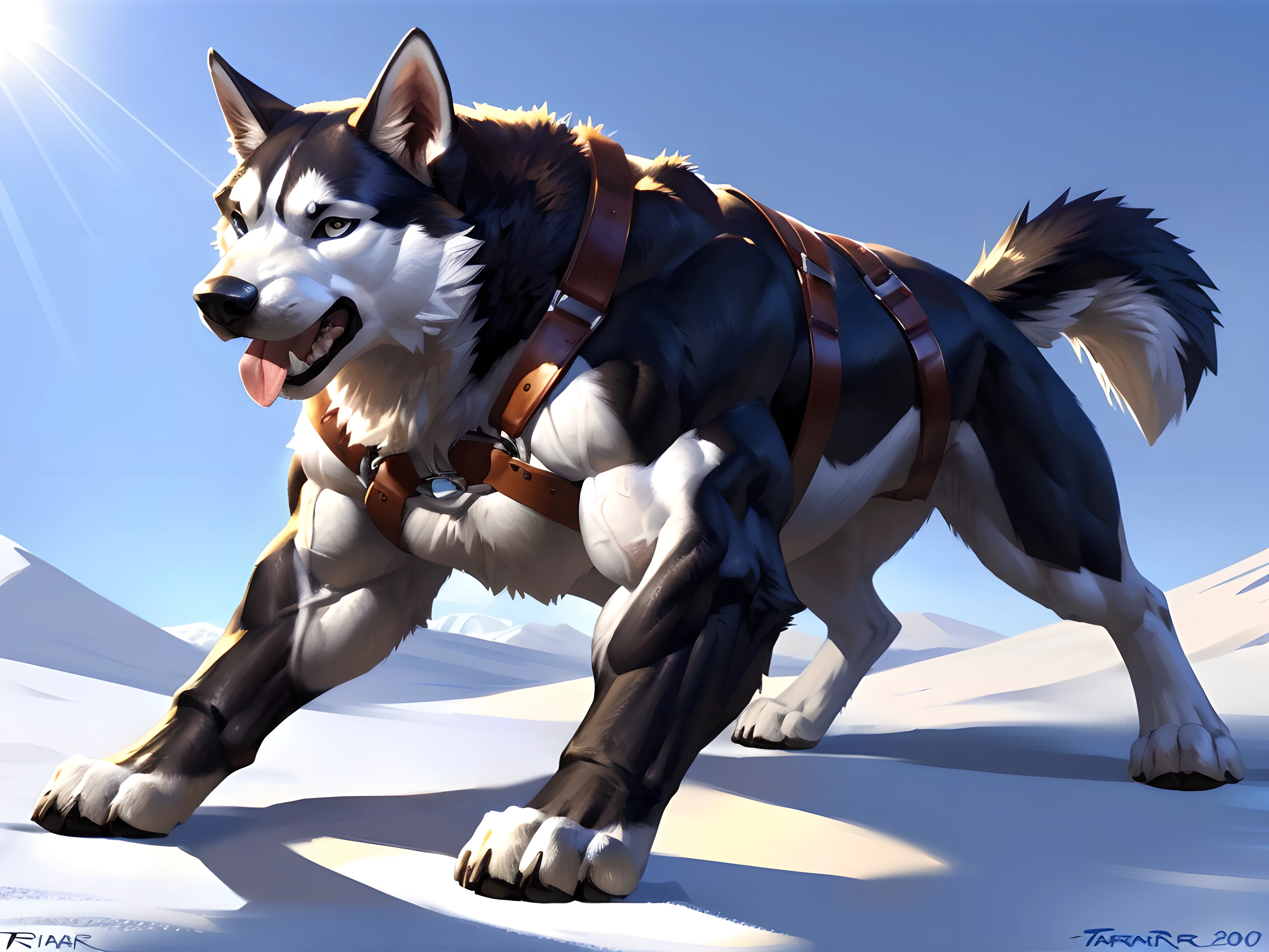 muscular feral husky posing for the camera, wearing harness, (white fur, black fur:1.1). 4k, high resolution, best quality, perfect colors, perfect shadows, perfect lighting, posted on e621, furry body, (feral body, feral dog, quadruped dog:1.05), husky, solo, male, adult, masculine, (very muscular feral, buff feral, biceps, strong legs, muscular legs, muscular calves, heavyweight, thick build:1.4), (anthro pecs, large pecs, strong chest, pecs:1.4), correct anatomy, (photorealistic fur, detailed fur, epic, masterpiece:1.2), (winter background), sexy shadows, (by Taran Fiddler, by vorusuarts, by Traver009), (detailed eyes:1.2), impressive physique, confident pose, strong pose, serious face, open mouth, tongue, proud, looking at camera, strong chest, (full body:1.4), (shiny muscles:1.1), short fur, veins, raised chest, hindlegs stretched back, spread legs, taut muscles, big paws