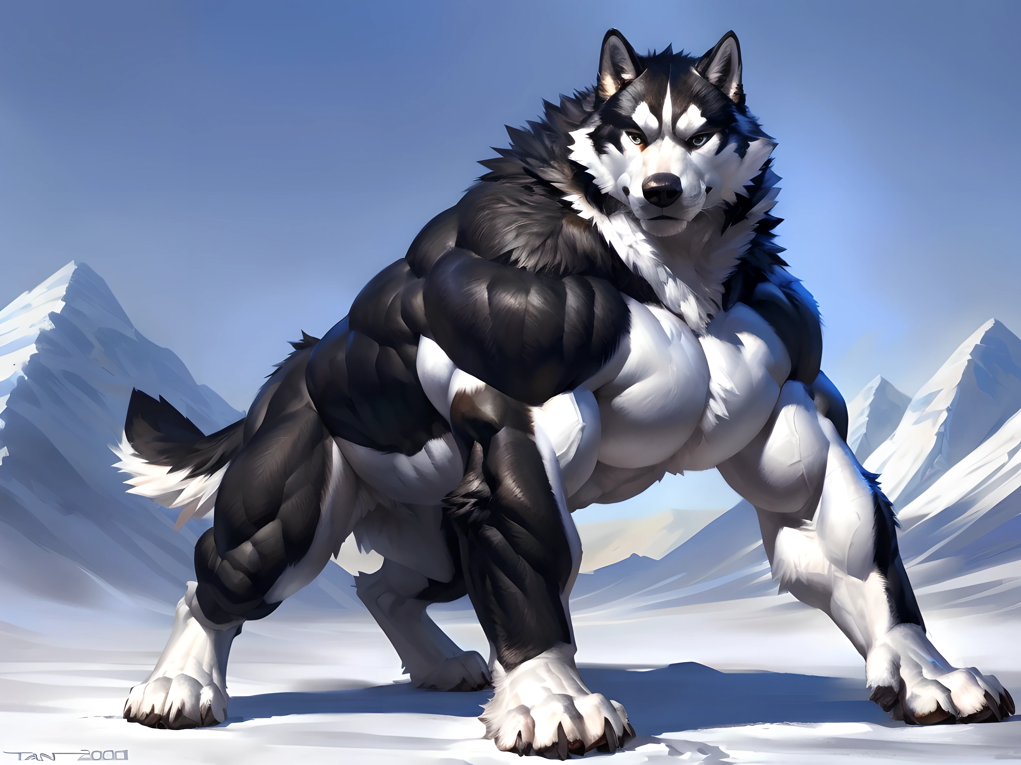 muscular feral alaskan malamute posing for the camera, (black body, white body:1.1). 4k, high resolution, best quality, perfect colors, perfect shadows, perfect lighting, posted on e621, furry body, feral dog, quadruped dog, alaskan malamute, solo, male, adult, masculine, (very muscular, buff, pectorals, big pectorals, pecs, thick build:1.4), correct anatomy, (photorealistic fur, detailed fur, epic, masterpiece:1.2), (winter background), sexy shadows, (by echin, by Taran Fiddler, by vorusuarts, by Traver009), (detailed eyes:1.2), impressive physique, confident pose, strong pose, confident face, proud, looking at camera, strong chest, (full body:1.2)