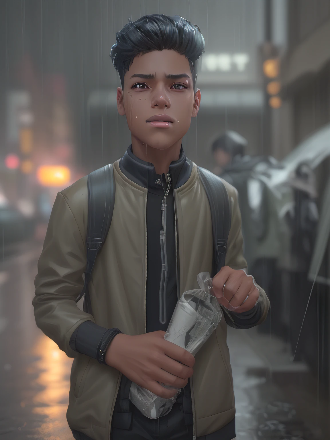 1boy, jacket, rain, outdoor, sweatshirt, open jacket, chain, backpack, looking at other, hair split in middle, tanned skin, boy gender, boy focus, trend in artstation, 8k resolution, highly detailed, anatomically correct, sharp image, digital painting, concept art, trend in pixiv, Makoto Shinkai style,