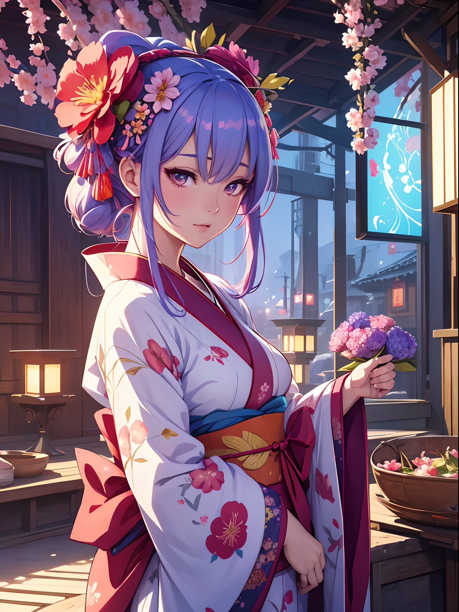 arafed woman in a kimono with flowers on her head, beautiful digital artwork, beautiful digital illustration, beautiful digital painting, gorgeous digital painting, artwork in the style of guweiz, photorealistic anime girl render, smooth anime cg art, beautiful digital art, great digital art with details, stunning digital illustration, detailed digital anime art, render of april, beautiful anime portrait