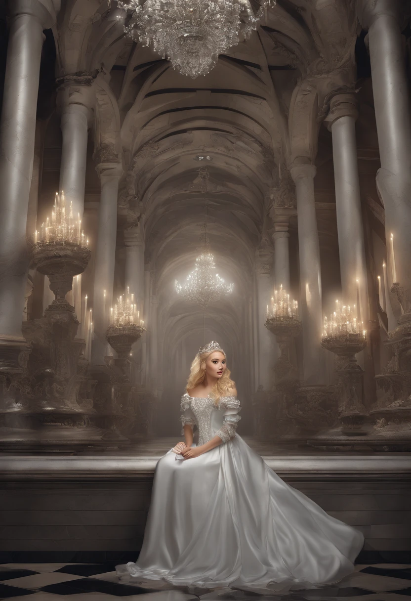 (best quality,4k,highres,masterpiece:1.2),ultra-detailed,realistic,portrait,blonde hair princess, rugged converses,New York white tee shirt,jeans,detailed facial features,beautiful detailed eyes,beautiful detailed lips,extremely detailed face,long eyelashes,dark underground castle tunnel,candles lighting,moody,gothic atmosphere, dark colors