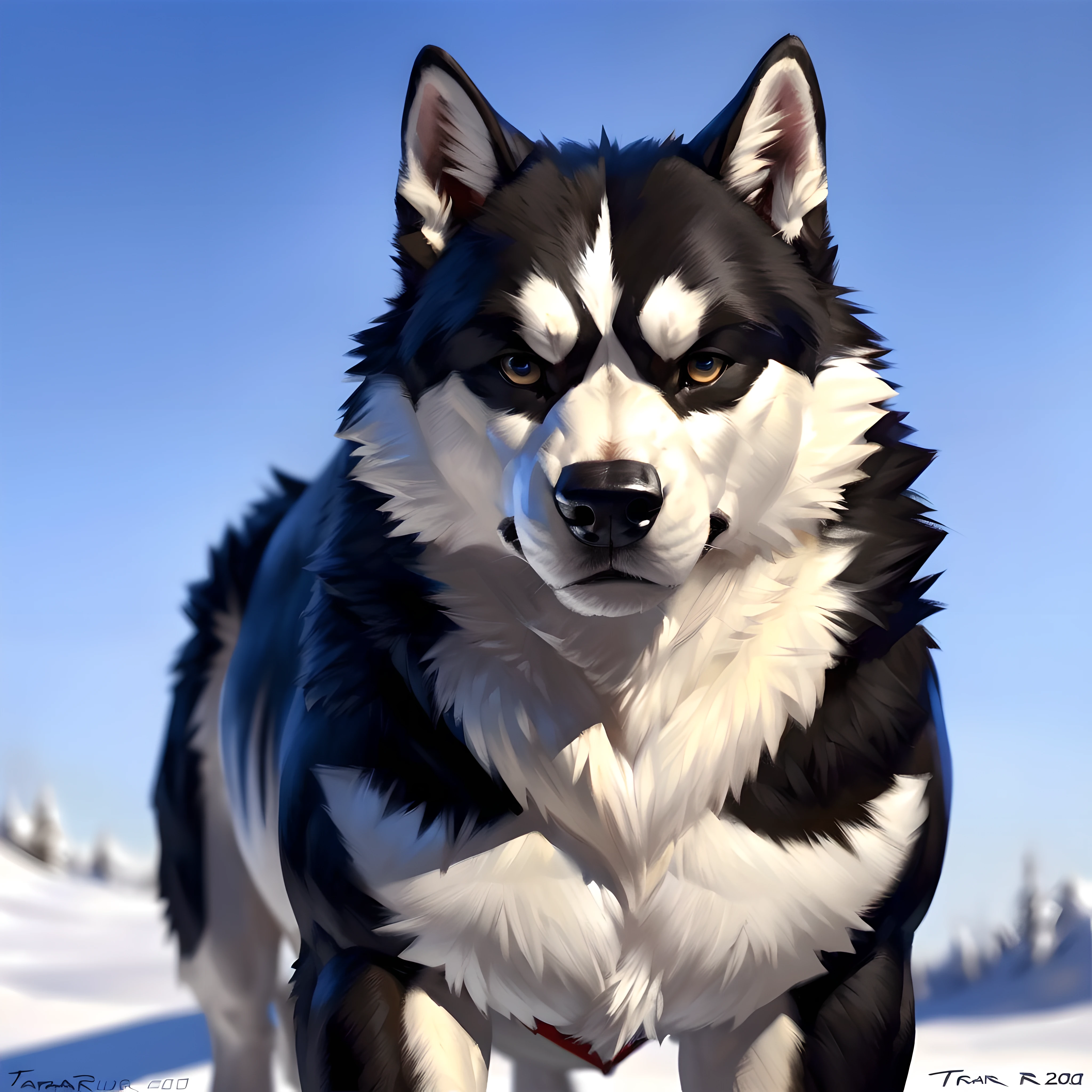 muscular feral alaskan malamute posing for the camera, (white fur, black fur:1.1), 4k, high resolution, best quality, perfect colors, perfect shadows, perfect lighting, posted on e621, furry body, (feral body, feral dog, quadruped dog:1.1), alaskan malamute, solo, male, adult, masculine, (very muscular, buff, pectorals, thick build:1.6), (strong chest, pectorals, pecs:1.6), correct ???????, (photorealistic fur, detailed fur, epic, masterpiece:1.2), (winter background), sexy shadows, (by Taran Fiddler, by vorusuarts, by Traver009), (detailed eyes:1.2), impressive physique, confident pose, strong pose, proud, strong feral chest, (looking at camera, facing the camera, front view, cocky face, raised head:1.3),