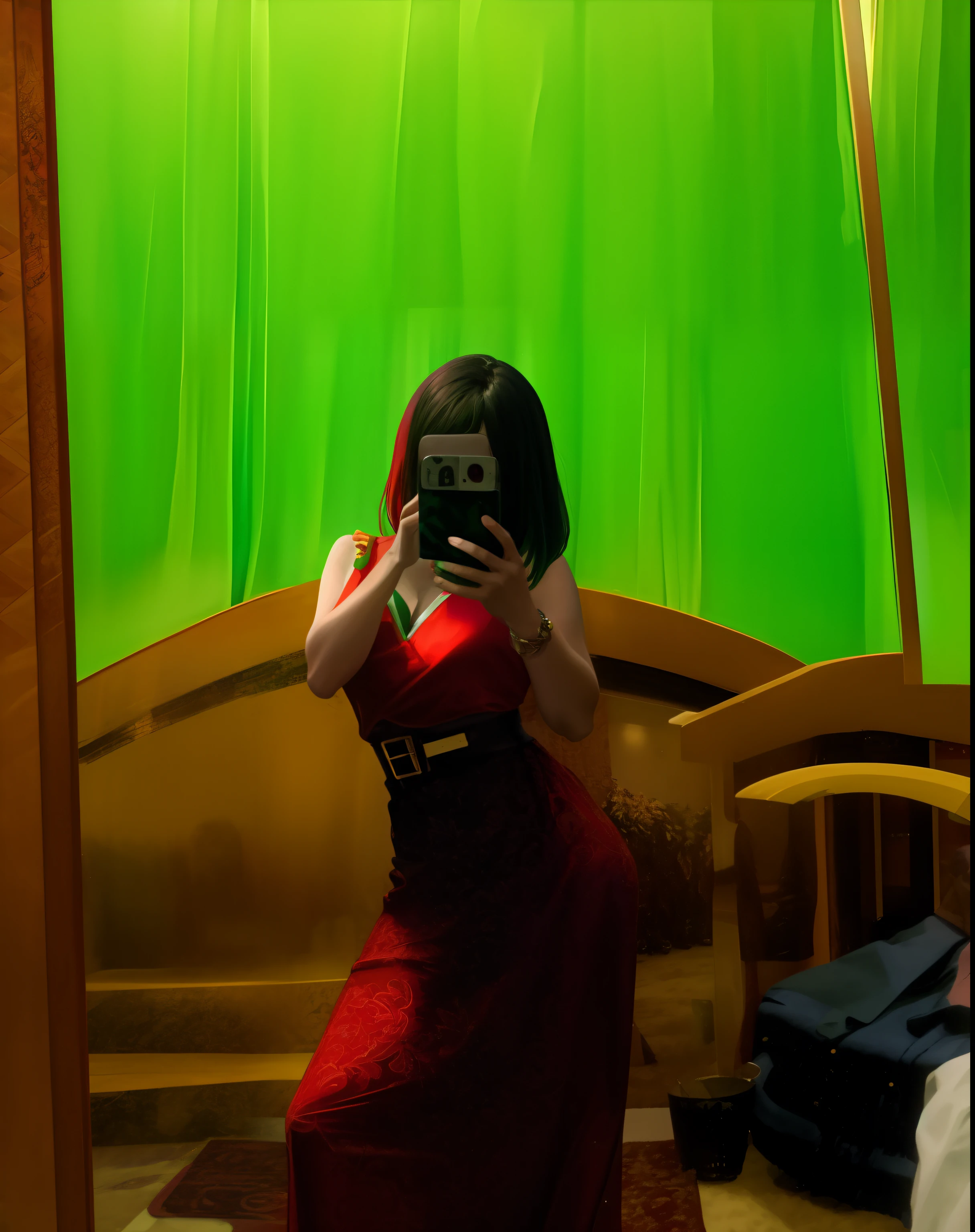 there is a woman taking a picture of herself in a mirror, very very low quality picture, red and green, green and red, red and green tones, red mood in background, green and red tones, red and green hour, in style of kar wai wong, behind red curtains, leaked photo, red dress, dancing in the background, low quality photo, red green
