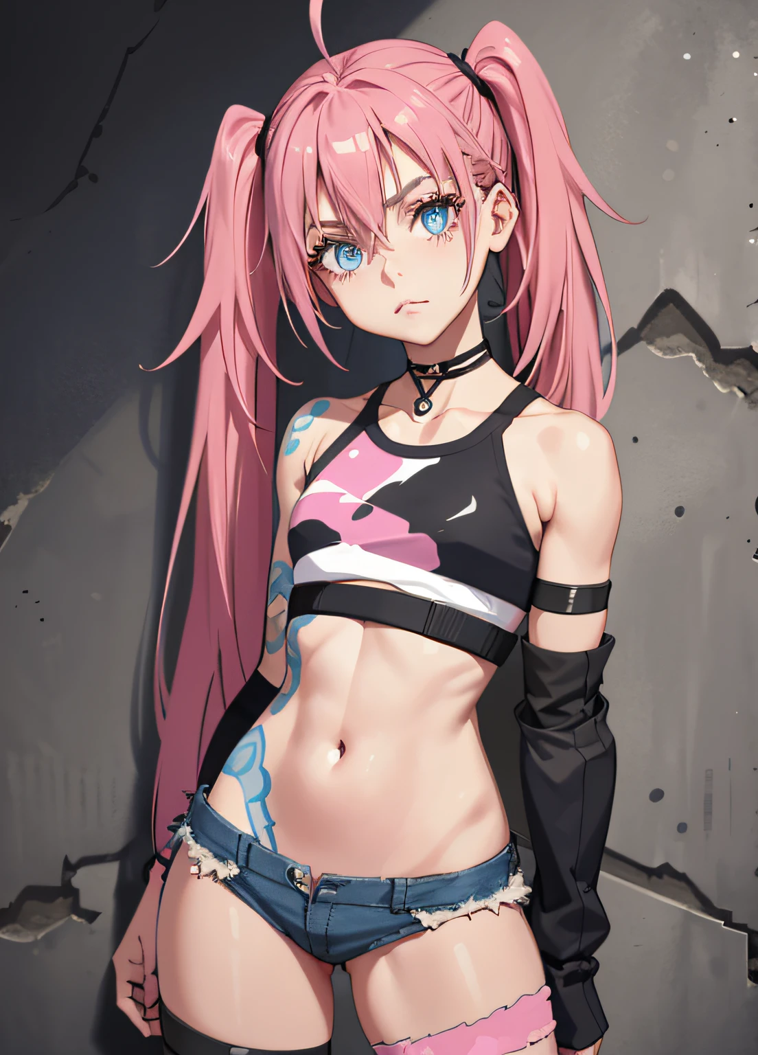 masterpiece, best quality, 1girl, solo, crop top, denim shorts, choker, (graphite: 1.5), paint splatters, arms behind back, against wall, looking at viewer, armband, thigh strap , body paint, head tilt, bored, long pink hair, pigtails, blue eyes, thick and muscular thighs, muscular belly