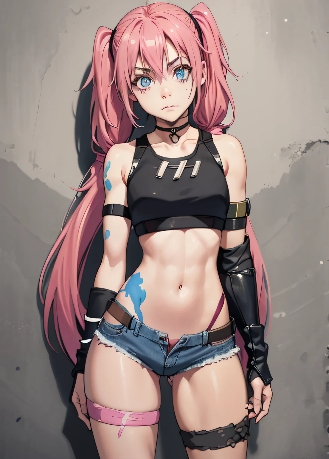 masterpiece, best quality, 1girl, solo, crop top, denim shorts, choker, (graphite: 1.5), paint splatters, arms behind back, against wall, looking at viewer, armband, thigh strap , body paint, head tilt, bored, long pink hair, pigtails, blue eyes, thick and muscular thighs, muscular belly