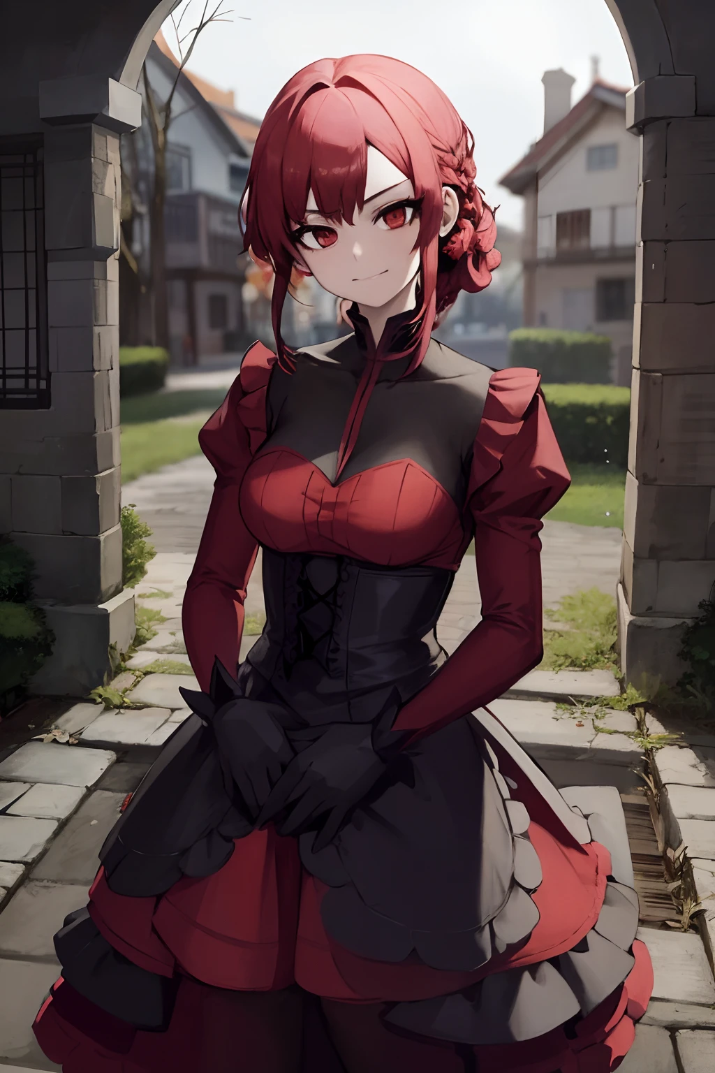 Anime character dressed in a red and black dress standing in a courtyard, Cute anime waifu in a nice dress, Guweiz, Arte no estilo de Guweiz, Loli no vestido, cushart krenz arte chave feminina, feito com anime painter studio, tou, 8k arte detalhada de alta qualidade, retrato de alta qualidade, protagonista feminina