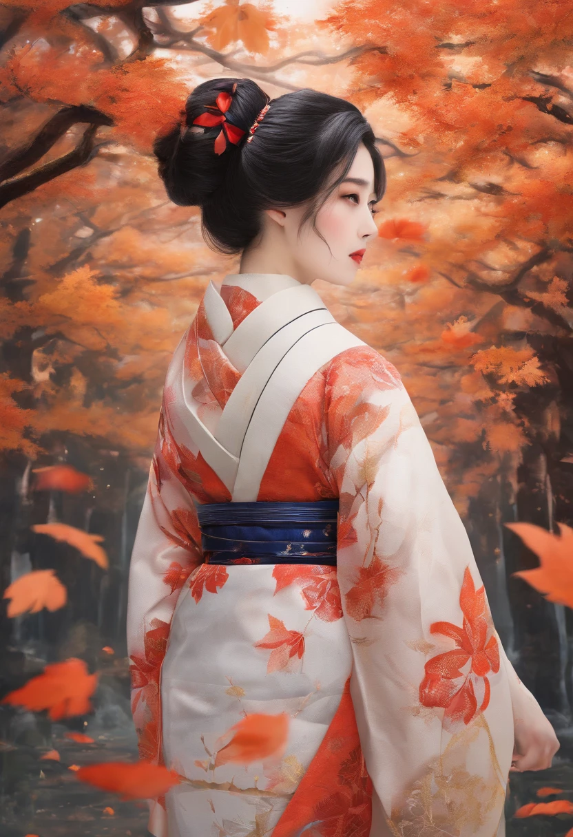 ((1girl in:), beauitful face, (Lifelike face), (A dark-haired, short-hair:1.3), Beautiful hairstyle, 二重まぶた、 Beautiful skins, Garden with beautiful autumn leaves Autumn leaves red yellow autumn leaf pattern kimono(​masterpiece)、(ultra-detailliert)、Best Illustration、detaile、(watercolor paiting:1.4)、(handdraw:1.2)、(Watercolor brush hair)、colorwater