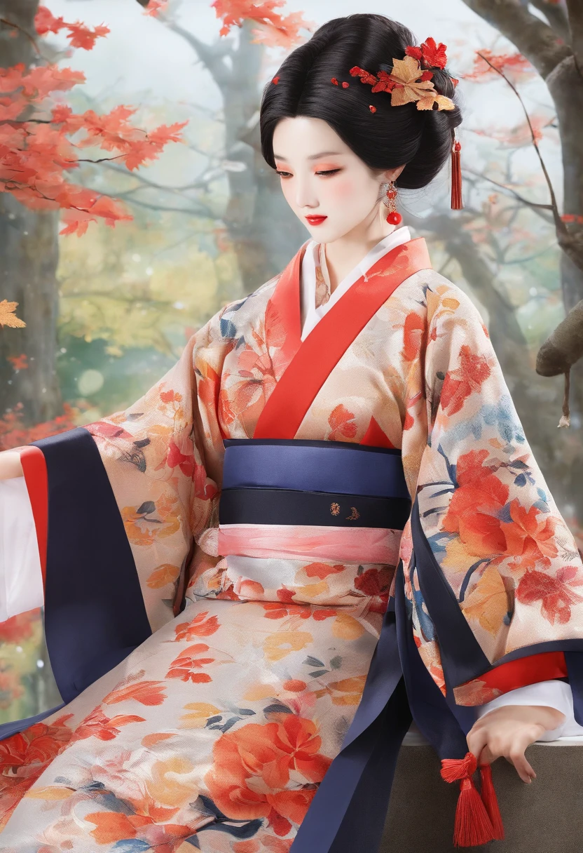 ((1girl in:), beauitful face, (Lifelike face), (A dark-haired, short-hair:1.3), Beautiful hairstyle, 二重まぶた、 Beautiful skins, Garden with beautiful autumn leaves Autumn leaves red yellow autumn leaf pattern kimono(​masterpiece)、(ultra-detailliert)、Best Illustration、detaile、(watercolor paiting:1.4)、(handdraw:1.2)、(Watercolor brush hair)、colorwater