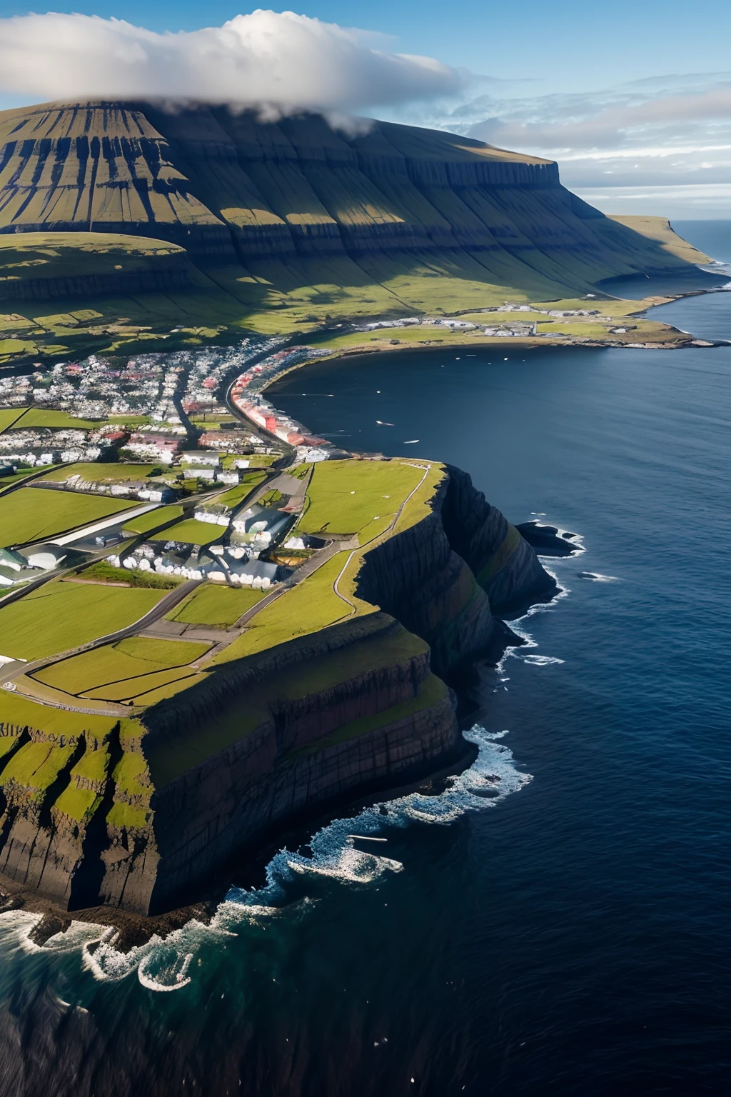 The close proximity of the Faroe Islands provides a variety of experiences – from dramatic landscapes meeting the wild ocean to the peacefulness of the mountains to the nightlife of the capital Tórshavn. photography, photorealistic, soft pastel colours, highly detailed, intricate, path tracing, illustration, insanely detailed, shadow mapping volumetric light, specular lighting