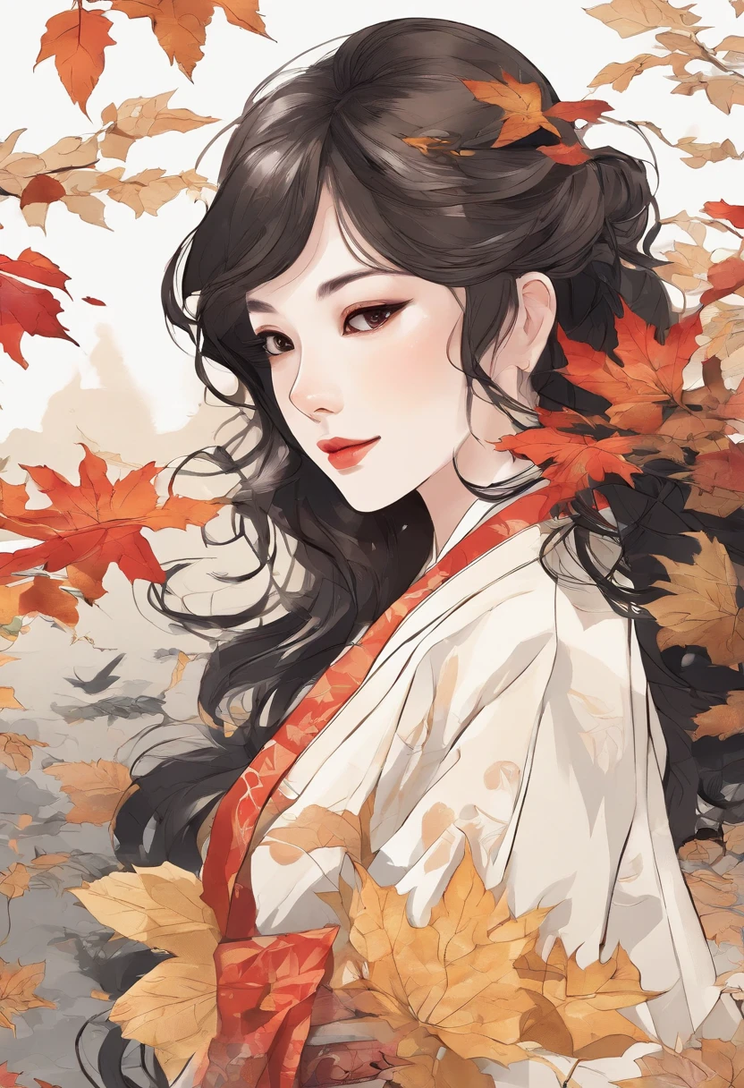 ((1girl in:), beauitful face, (Lifelike face), (A dark-haired, short-hair:1.3), Beautiful hairstyle, 二重まぶた、 Beautiful skins, Garden with beautiful autumn leaves Autumn leaves red yellow autumn leaf pattern kimono(masterpiece)、(ultra-detailliert)、Best Illustration、detaile、(watercolor paiting:1.4)、(handdraw:1.2)、(Watercolor brush hair)、colorwater
