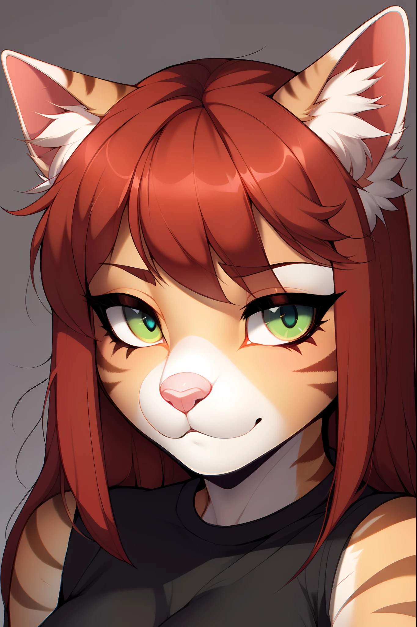 Solo:1.3, cute orange anthro tabby cat female, tabby cat ears, long red hair, green eyes, pink nose, cute snout, barefoot, wearing black t shirt, by fumiko, by claweddrip, by hyattlen, raised eyebrows, simple background, close up, portrait,