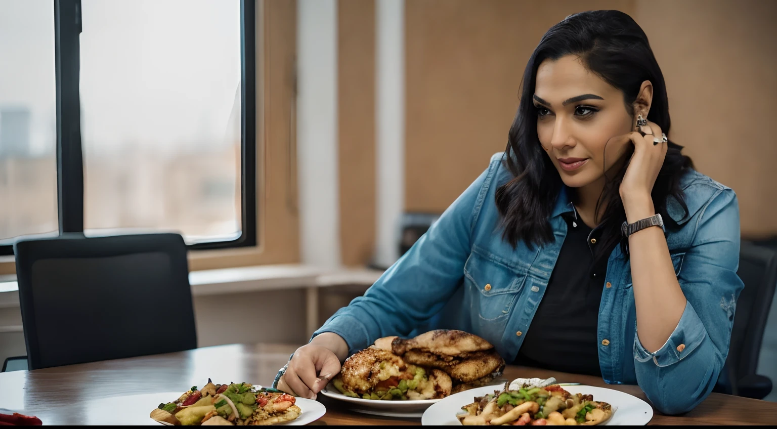 here is a woman sitting at a table with a plate of food, prideful look, profile image, professional profile picture, profile picture, profile pic, faridah malik, proud look, lgbtq, by Jitish Kallat, in style of col price, candid photo, in office, candid picture, taken with sony alpha 9, candid photograph, vibrant feel