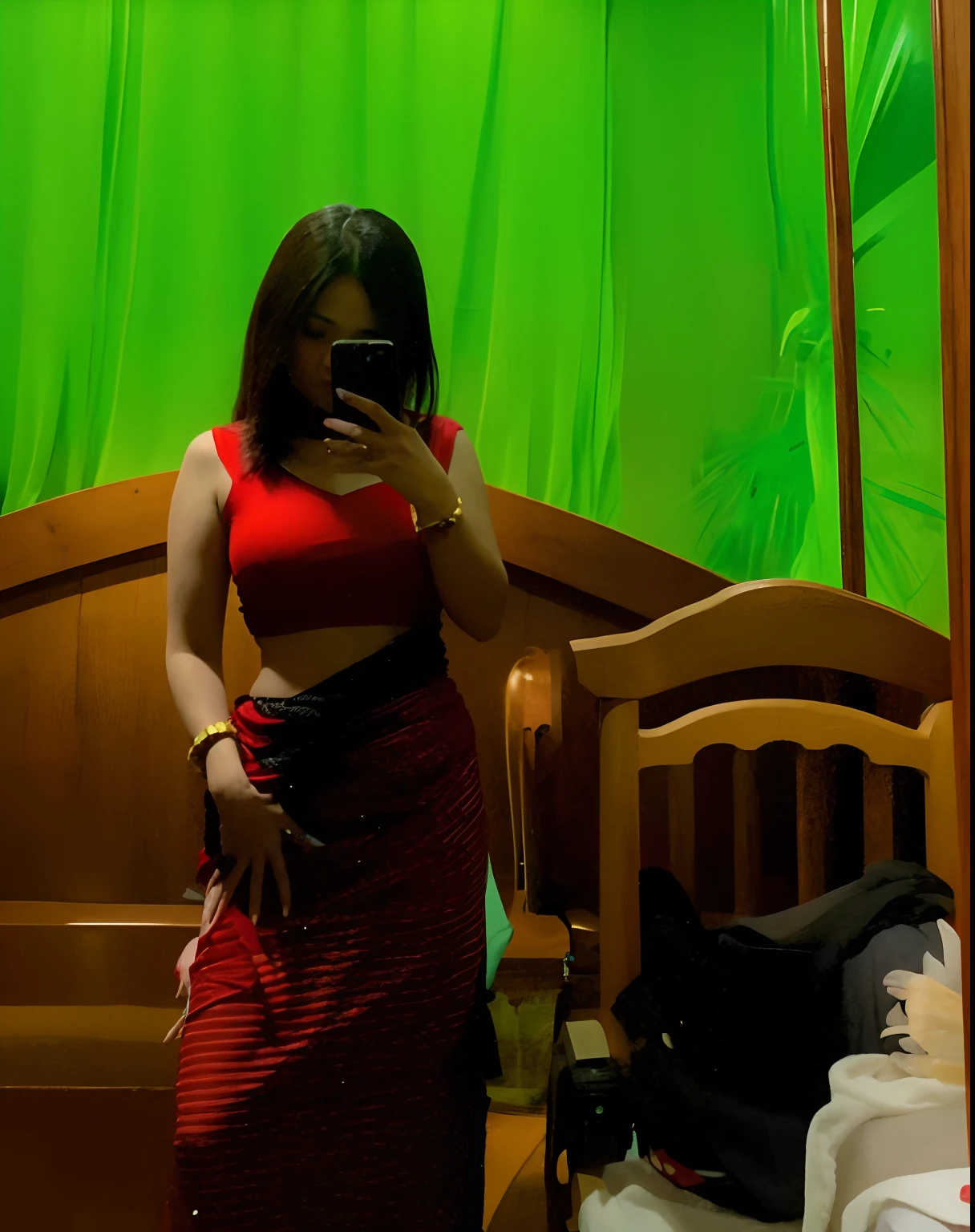 there is a woman taking a picture of herself in a mirror, red clothes, 30 years old woman, 3 0 years old woman, red mood in background, very very low quality picture, leaked photo, candid picture, wearing red attire, full body in camera, red dress, wearing red dress, in style of kar wai wong, dressed in a sari