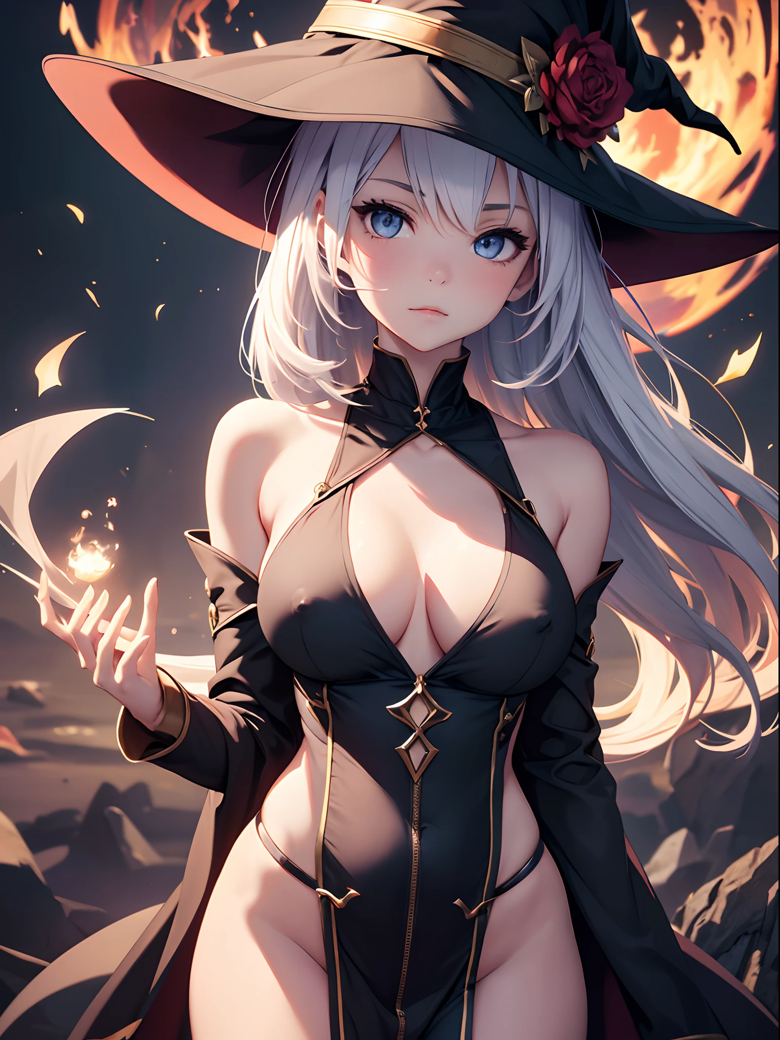 highres, shadows, absurdres, best_quality, ultra_detailed, 8k, extremely_clear, photograph, beautiful, beautiful face, sharp focus, hdr, 1girl, clean eyes, wide-eyed, background (magic academya) or planets, , , witch hat,flames, beautiful face, small puffy breasts (puffy nipple), firm breast, very red areola, standing , seductive pose,no bra