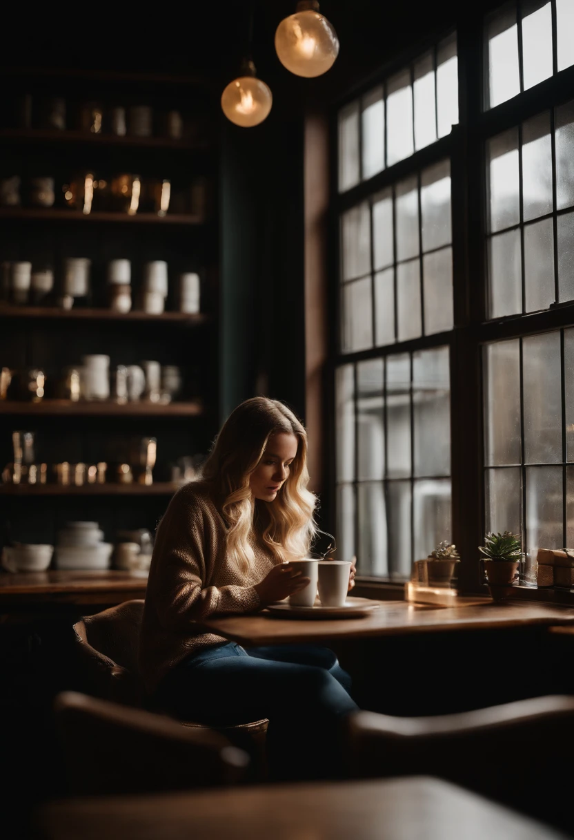 Intimate coffee shop setting on a chilly afternoon, dark wooden floors leading to a corner where a blonde young woman sits, her feet propped up on a stool, engrossed in the world outside the window. She cradles a latte, steam gently rising, hinting at its warmth. Her casual attire, an oversized knit sweater and faded jeans, adds to the ambiance. Golden strands of her hair catch the dim lighting, contrasting with the deep brown hues of the interior. The background is a blur of bookshelves, potted plants, and muted conversations. Captured with a Canon EOS R5, 50mm lens, f/1.8, ISO 250, shutter speed 1/80s. --ar 4:5 --v 5.2