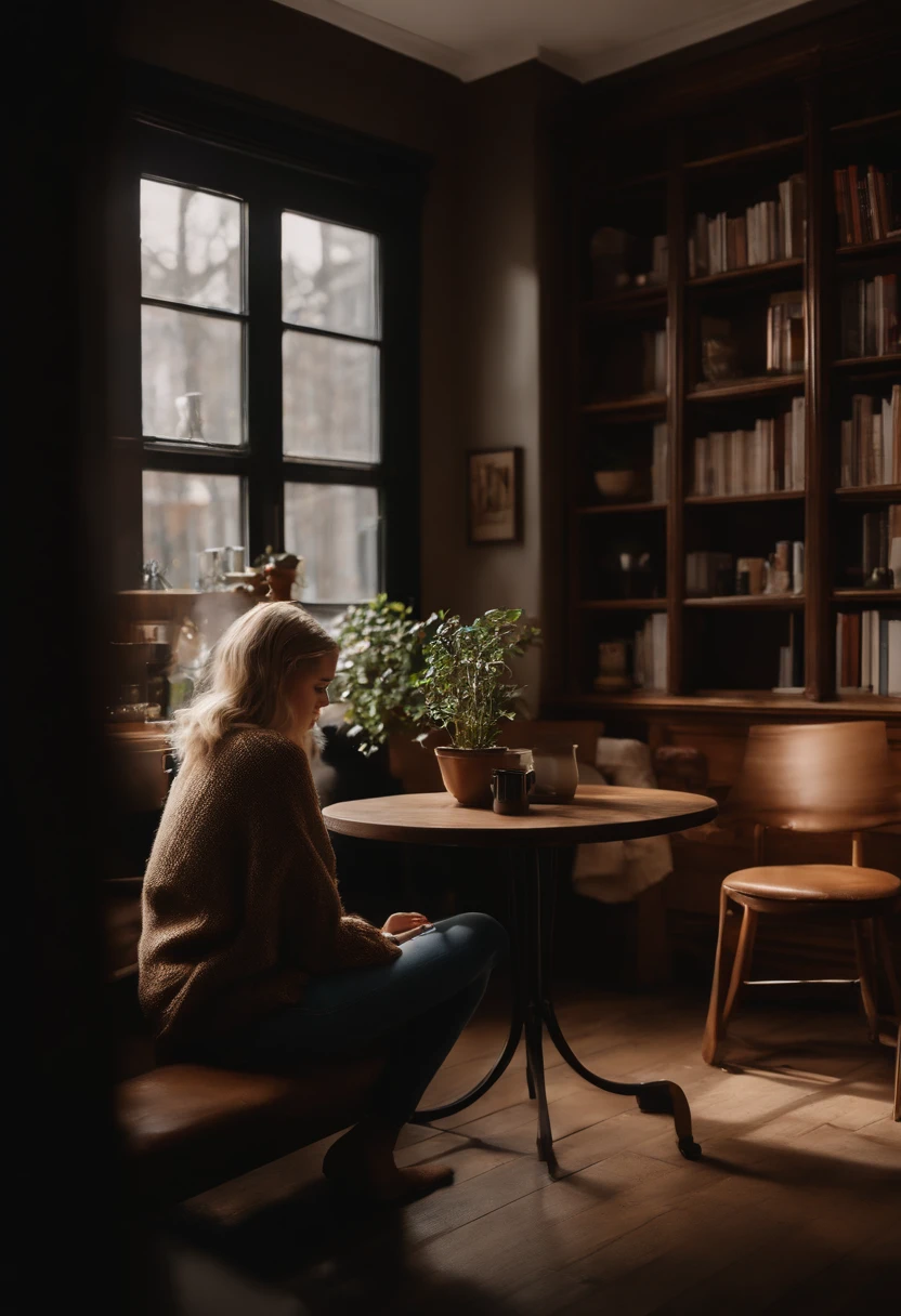 Intimate coffee shop setting on a chilly afternoon, dark wooden floors leading to a corner where a blonde young woman sits, her feet propped up on a stool, engrossed in the world outside the window. She cradles a latte, steam gently rising, hinting at its warmth. Her casual attire, an oversized knit sweater and faded jeans, adds to the ambiance. Golden strands of her hair catch the dim lighting, contrasting with the deep brown hues of the interior. The background is a blur of bookshelves, potted plants, and muted conversations. Captured with a Canon EOS R5, 50mm lens, f/1.8, ISO 250, shutter speed 1/80s. --ar 4:5 --v 5.2