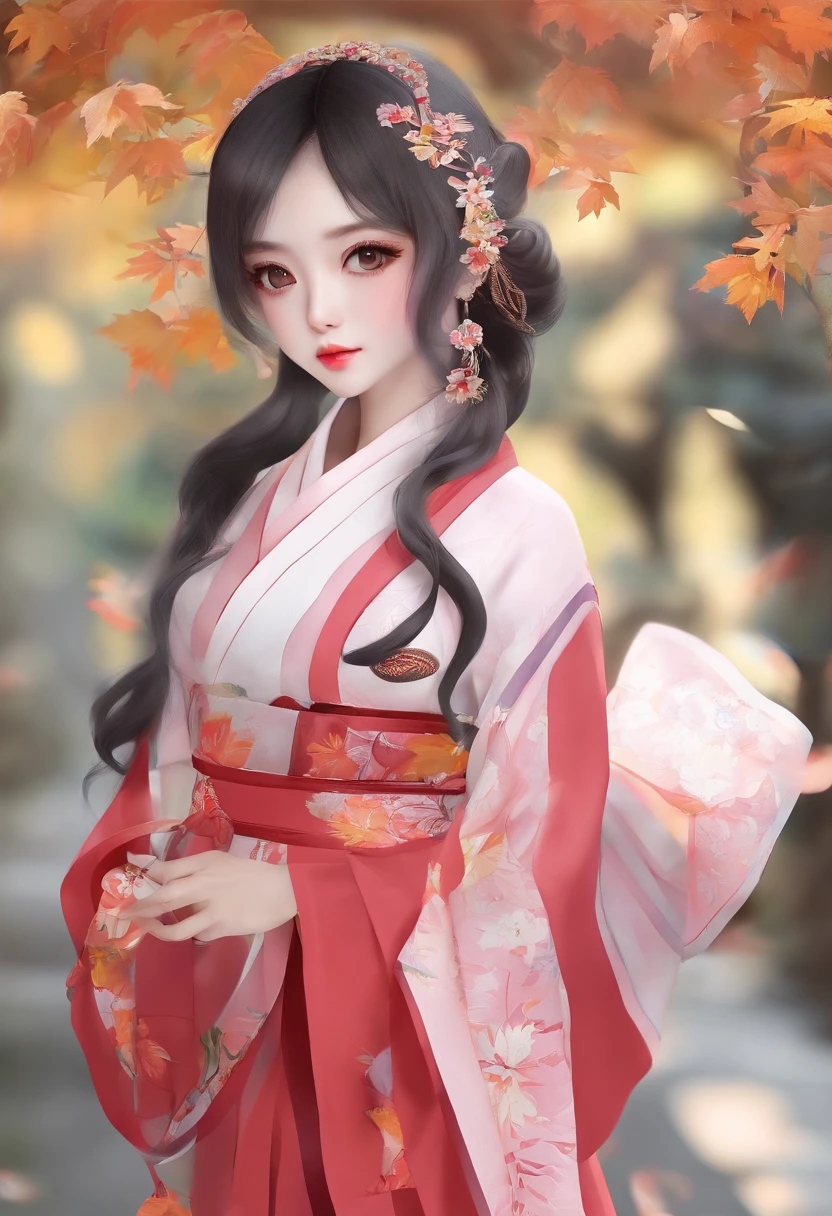 ((1girl in:), beauitful face, (Lifelike face), (A dark-haired, short-hair:1.3), Beautiful hairstyle, 二重まぶた、 Beautiful skins, Garden with beautiful autumn leaves Autumn leaves red yellow autumn leaf pattern kimono(masterpiece)、(ultra-detailliert)、Best Illustration、detaile、(watercolor paiting:1.4)、(handdraw:1.2)、(Watercolor brush hair)、colorwater