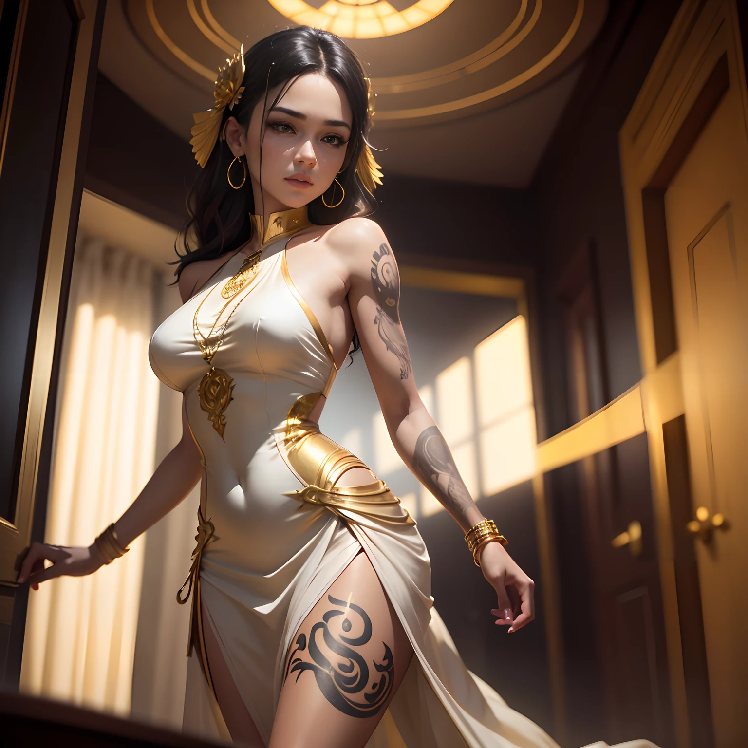 Gold tattoo with girl with golden earrings, In the style of vray tracing, Martin Ansin, yuumei, Poured, close up, Dark white and gold, speedpainting, masutepiece, Best Quality,Skinny Legs,Gold Dress,In a hotel suite,