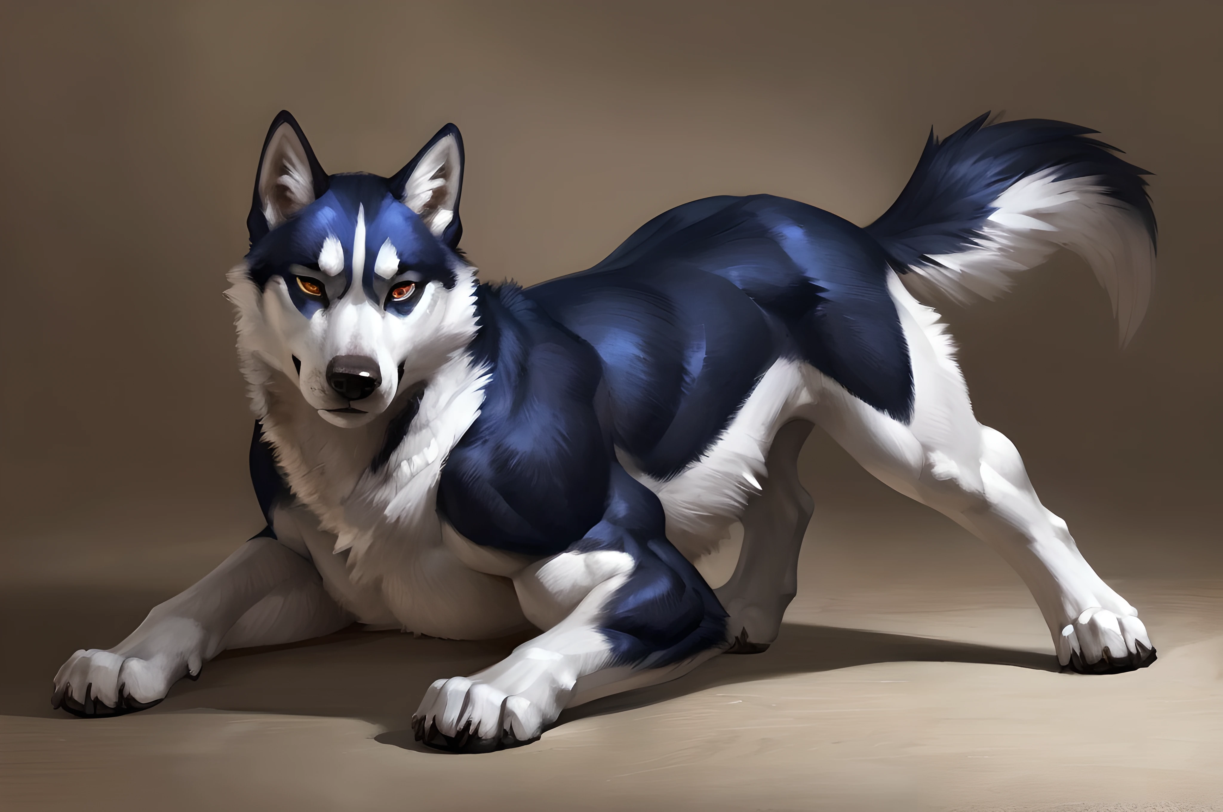 muscular feral husky posing for the camera, (laying on floor:1.2), (white fur, black fur:1.1). 4k, high resolution, best quality, perfect colors, perfect shadows, perfect lighting, posted on e621, furry body, (feral body, feral dog, quadruped dog, forelegs, hindlegs:1.05), husky, solo, male, adult, masculine, (very muscular feral, buff feral, biceps, strong legs, muscular legs, heavyweight, thick build:1.5), (anthro pecs, large pecs, strong chest:1.6), correct anatomy, (photorealistic fur, detailed fur, epic, masterpiece:1.2), (white background), sexy shadows, (by Taran Fiddler), (detailed eyes, golden eyes:1.2), impressive physique, serious face, (full body:1.0), (shiny muscles:1.2), short fur, veins, hindlegs