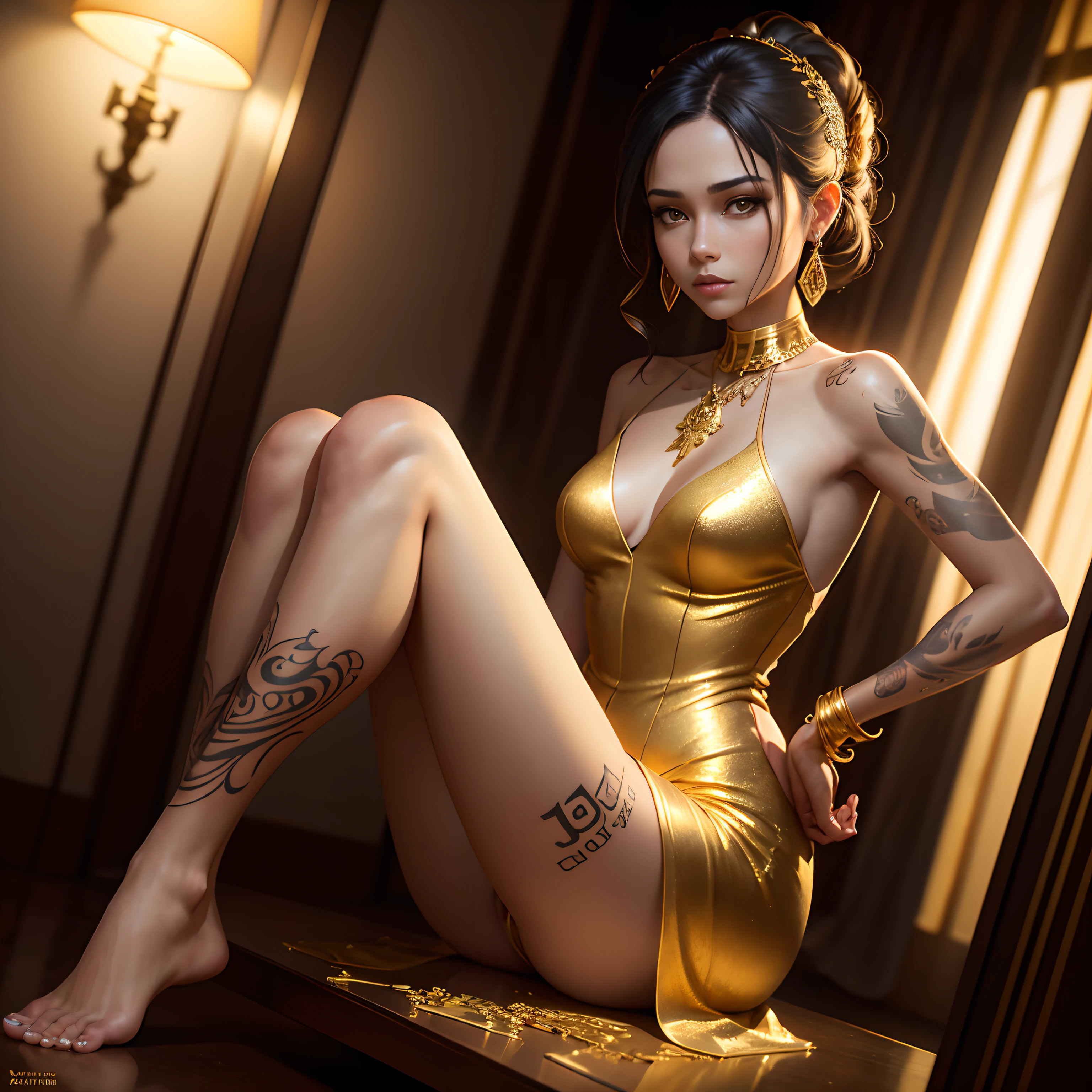 Gold tattoo with girl with golden earrings, In the style of vray tracing, Martin Ansin, yuumei, Poured, close up, Dark white and gold, speedpainting, masutepiece, Best Quality,Skinny Legs,Gold Dress,In a hotel suite,