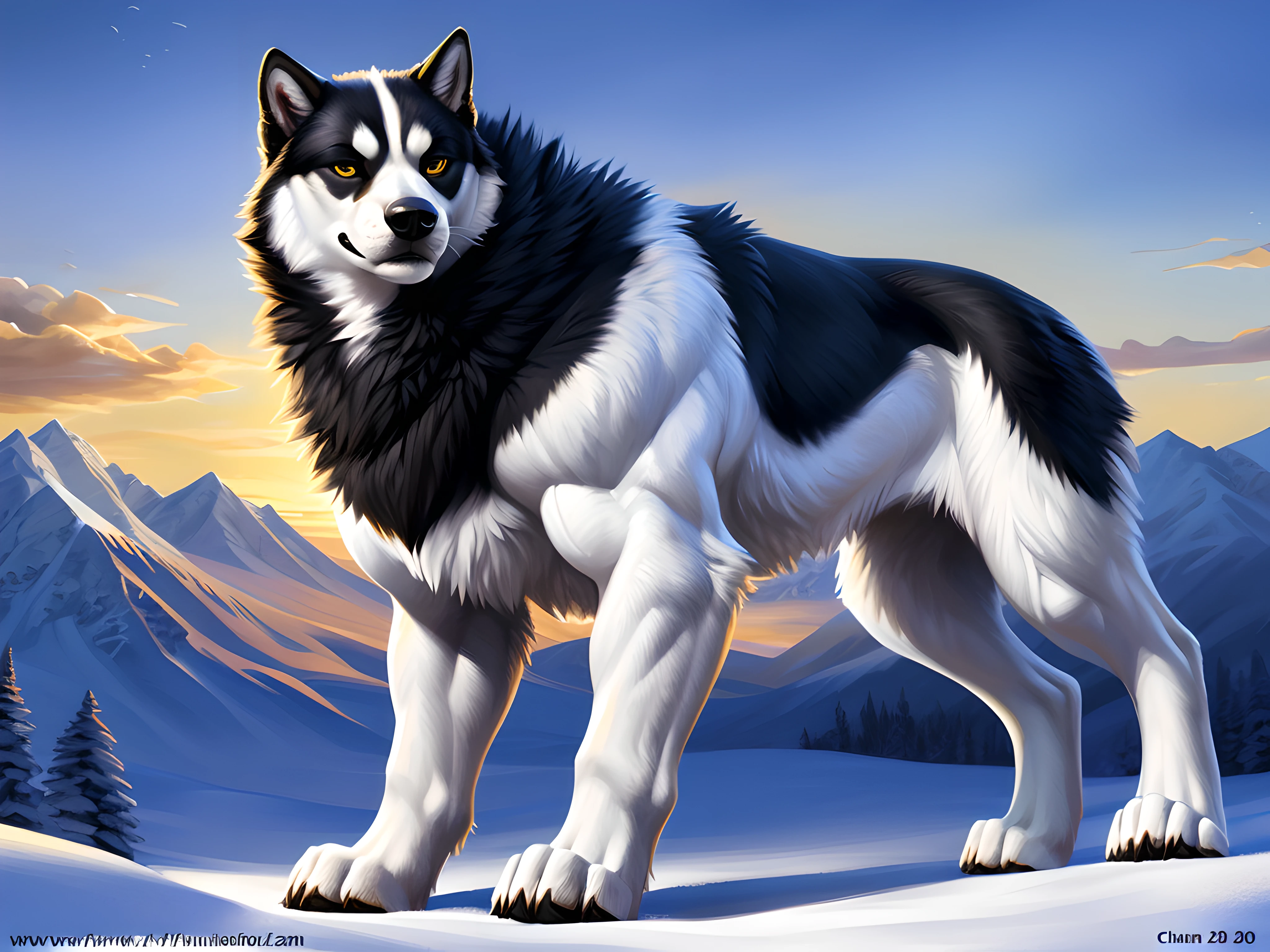 muscular feral alaskan malamute posing for the camera, (black body, white body:1.1). 4k, high resolution, best quality, perfect colors, perfect shadows, perfect lighting, posted on e621, furry body, feral dog, quadruped dog, alaskan malamute, solo, male, adult, masculine, (very muscular, buff, pectorals, big pectorals, pecs, thick build:1.4), correct anatomy, (photorealistic fur, detailed fur, epic, masterpiece:1.2), (winter background), sexy shadows, (by Taran Fiddler, by chunie), (detailed eyes:1.2), impressive physique, confident pose, strong pose, confident face, proud, looking at camera, strong chest, (full body:1.2),