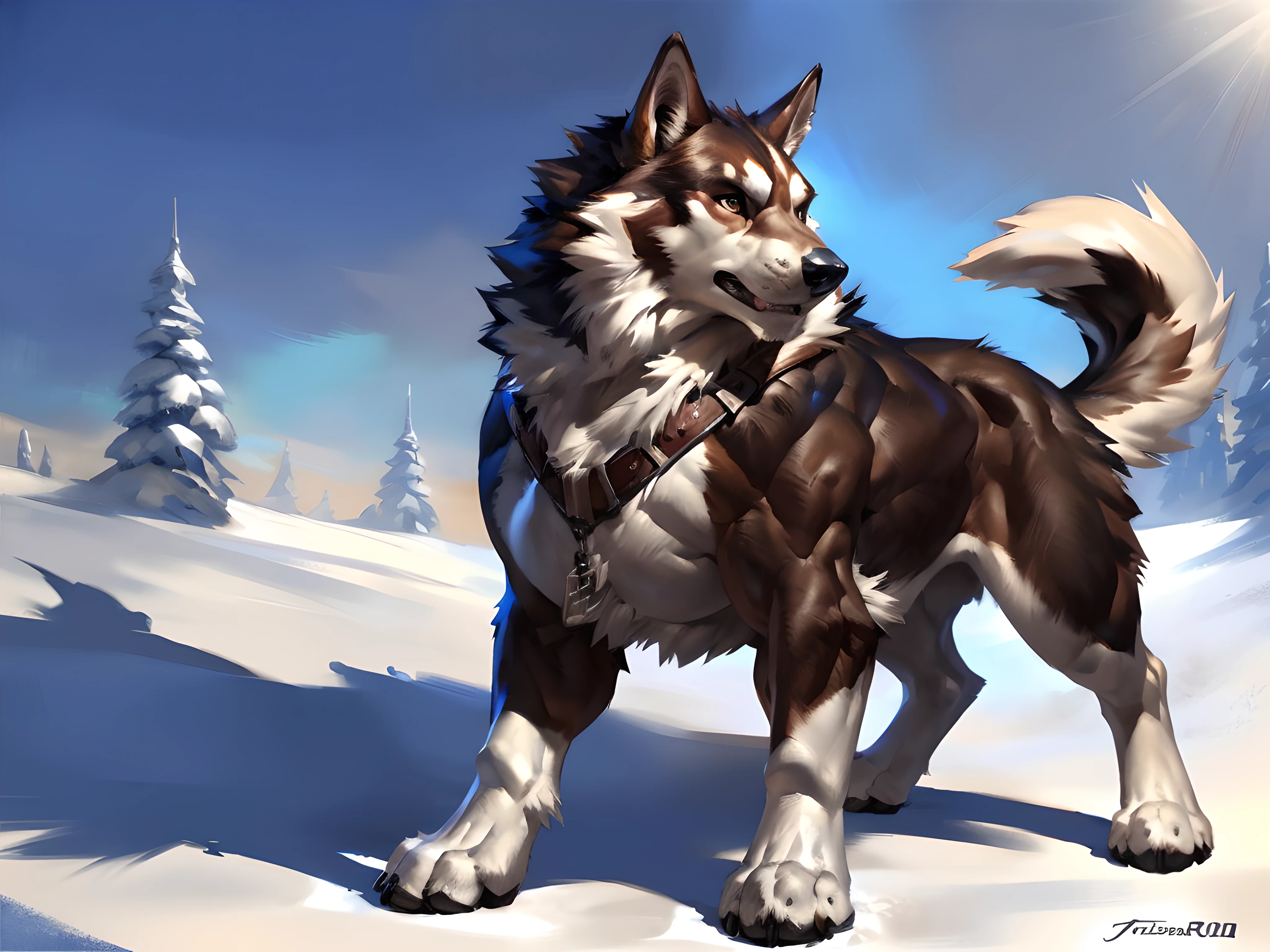 muscular feral alaskan malamute posing for the camera, black and white fur. 4k, high resolution, best quality, perfect colors, perfect shadows, perfect lighting, posted on e621, furry body, feral dog, quadruped dog, alaskan malamute, solo, male, adult, masculine, (very muscular, buff, pectorals, thick build:1.2), correct anatomy, (photorealistic fur, detailed fur, epic, masterpiece:1.2), (winter background), sexy shadows, (by echin, by Taran Fiddler, by vorusuarts, by Traver009, by Juiceps), (detailed eyes:1.2), impressive physique, confident pose, strong pose, confident face, proud, looking at camera,