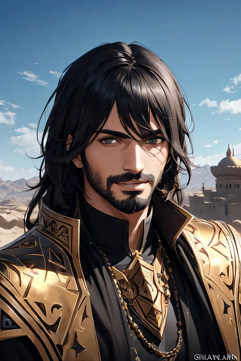 ((ArtStation)), ((Realistic face)), masterpiece, best quality, arab 1man, adult, masculine, male focus, arabian, dark skin, mature, 30 year old, beard Unshaven, solo, black hair, smile, smirk, arrogant, ENTP man, medium lenght hair, vibrant dark eyes, showing face, looking at viewer, black cape, High quality metal texture, open mouth, sharp tooths, bangs, high collar,(kbxll:0.6), Fantasy aesthetics, Highly detailed, shadowverse style, arabian city aesthetic, desert, full black clothes, Akshan (League of Legends)
