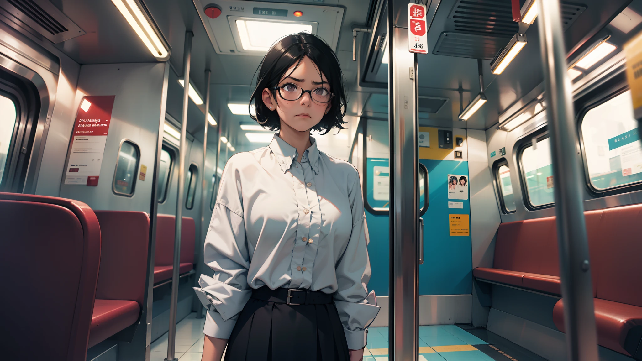 A young girl standing in a subway car, wearing black-rimmed glasses, medium length skirt, black hair, full body display, fine wrinkles, ++, subtle light, ++, saturated color, --, emotional, ++, dramatic, ++, sad expression, ++, angry expression, +, cinematic lighting, panoramic, Ultra HD, textured skin, High detail, best quality, Super detail, high quality, 8k