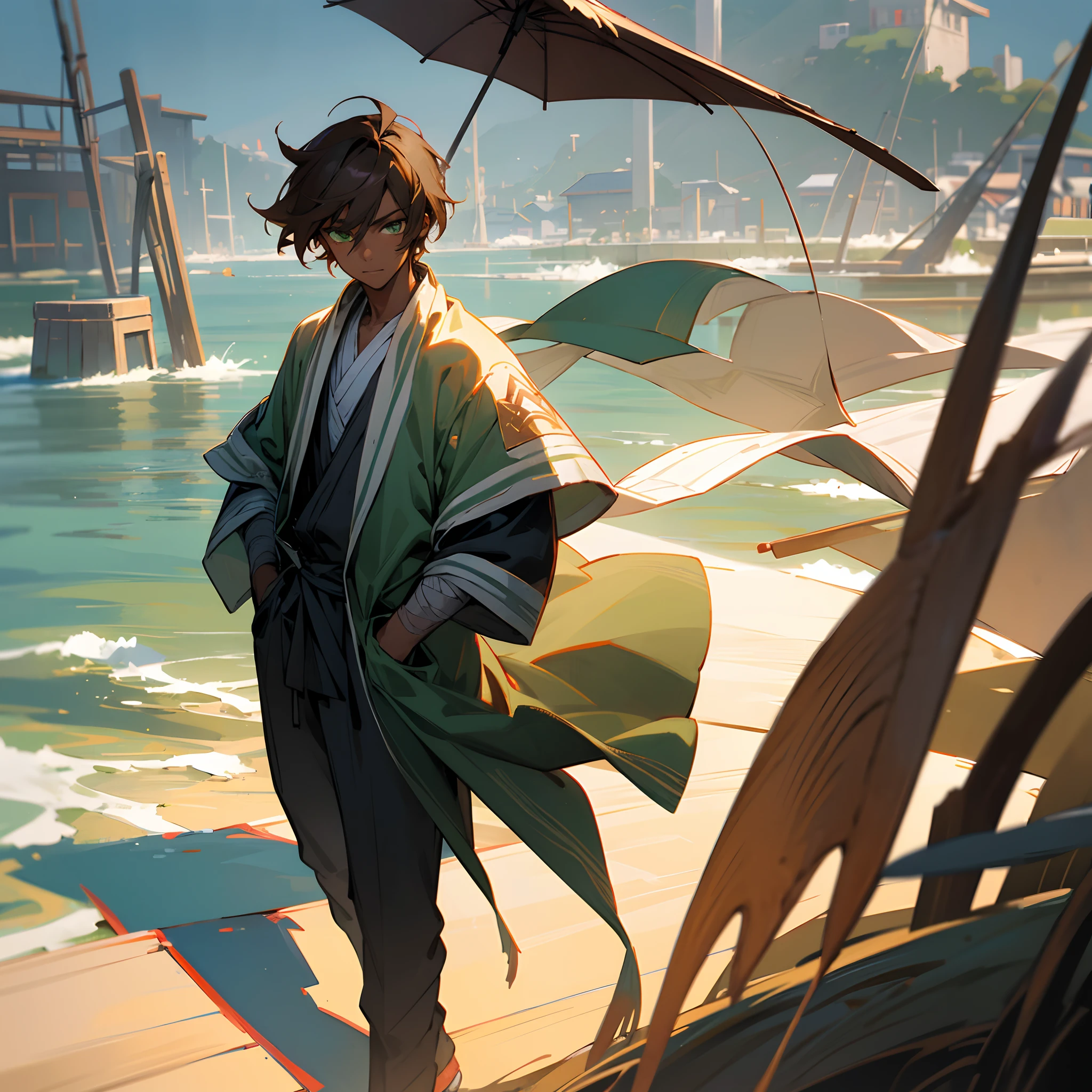 1male, dark skin, straight, green eyes, umbrella, bandages wrapped around arms, posing with hands in pocket, best light and shadows, fishing village, walking down path, solo,  adult, messy medium length brown hair, wind aura surrounding
