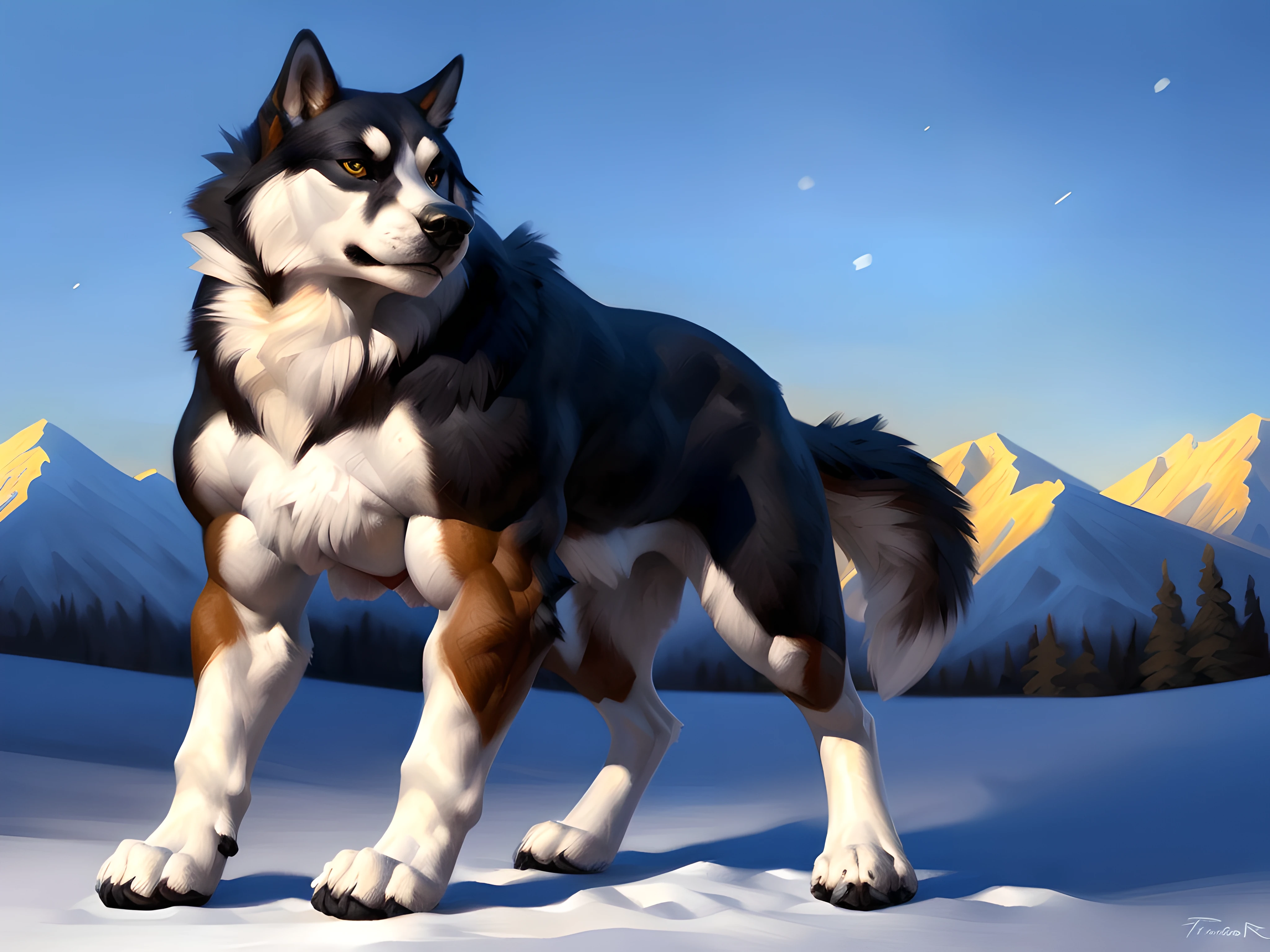 muscular feral alaskan malamute posing for the camera, (white fur, black fur:1.1), 4k, high resolution, best quality, perfect colors, perfect shadows, perfect lighting, posted on e621, furry body, (feral body, feral dog, quadruped dog:1.10), alaskan malamute, solo, male, adult, masculine, (very muscular, buff, pectorals, thick build:1.5), (strong chest, pectorals, biceps, calves, muscular thigh, pecs:1.4), correct anatomy, (photorealistic fur, detailed fur, epic, masterpiece:1.2), (winter background, night), sexy shadows, (by Taran Fiddler), (detailed eyes:1.2), impressive physique, confident pose, strong pose, proud, strong chest, looking at camera, shiny muscles