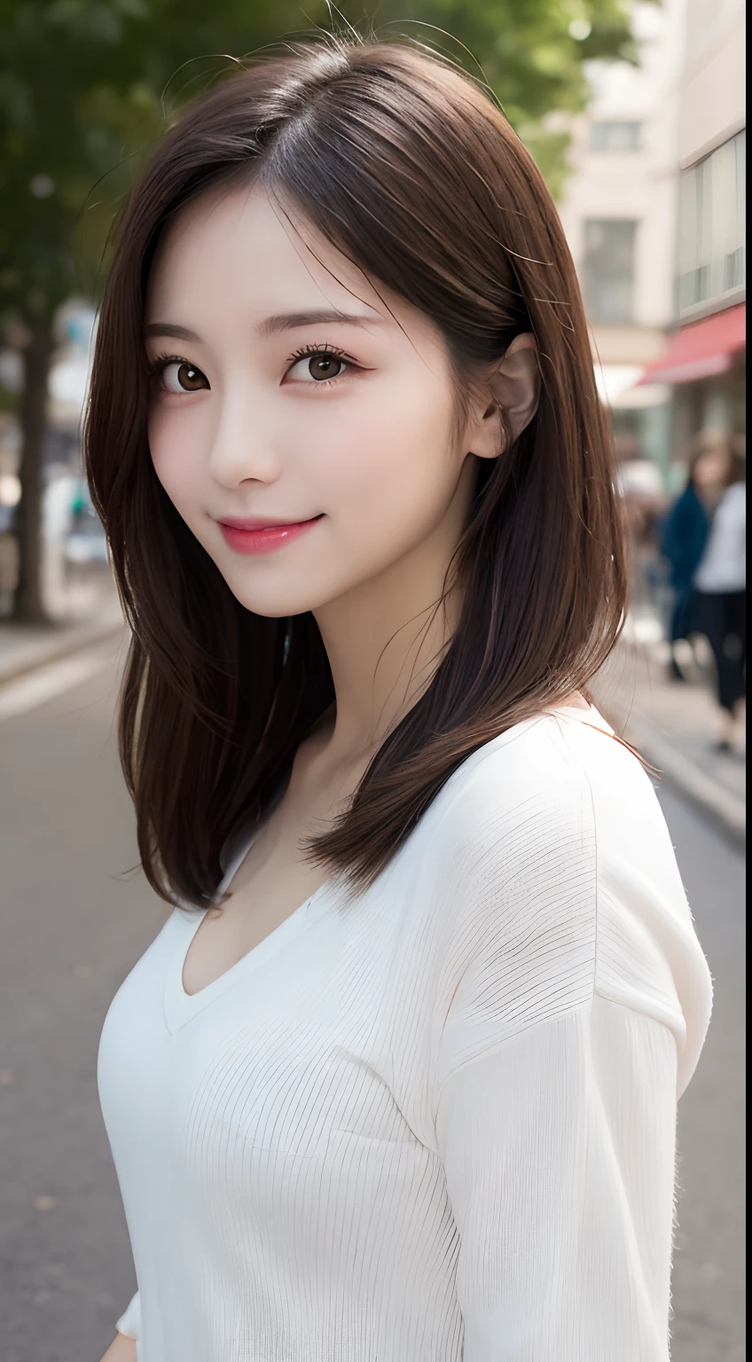 Woman posing on street corner, top quality, high resolution, 8k, girl alone, outdoor, (street: 0.8), (people, crowd: 1), gorgeous, (medium hair), (dynamic pose: 0.8), (upper body: 1.2), soft lighting, wind, glossy skin, gaze,