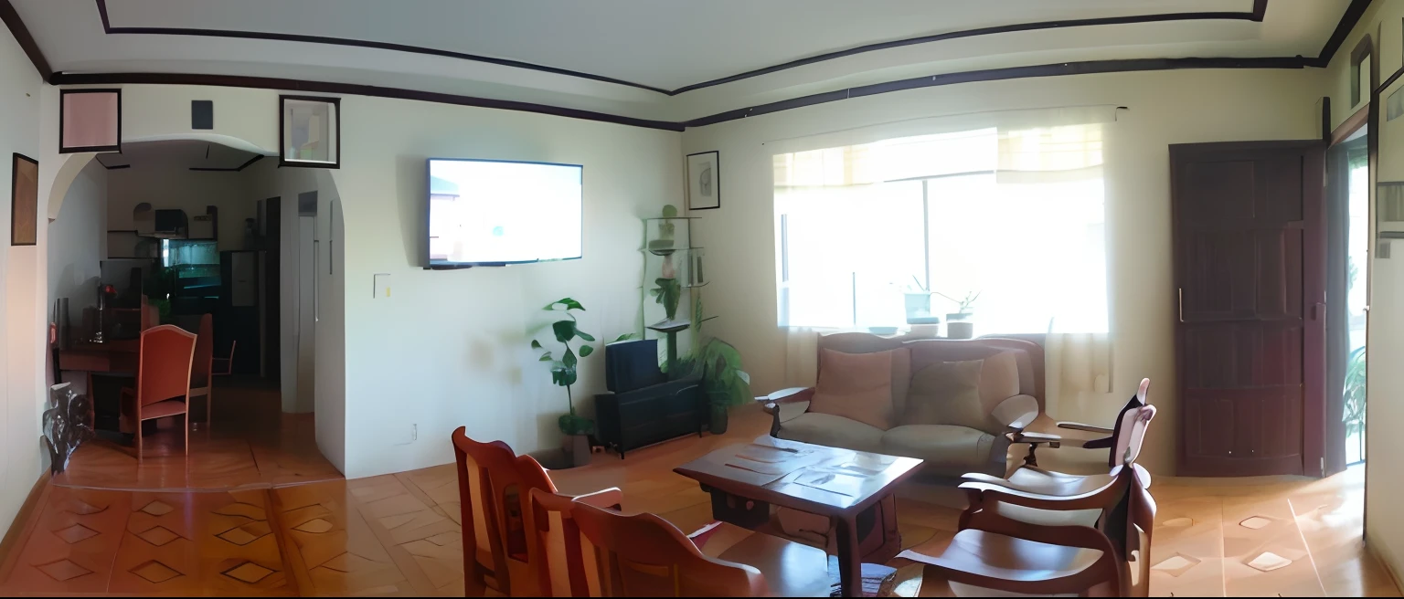 there is a room with a table and chairs and a television, living room, interior, interior view, full room view, house interior, panorama shot, interior living room, panoramic shot, the living room, inside view, inside house in village, ultra wide-shot, interior room, ultrawide shot, ultra wide shot, listing image, panoramic, view from front, aesthetic, living room with plants